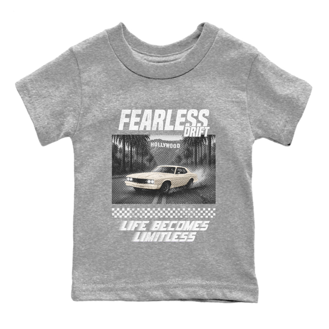 Fearless Drift baby and kids t-shirt crafted for little sneakerheads to shine with the Air Jordan 3 Pure Money sneakers, displayed in Heather Grey 2.