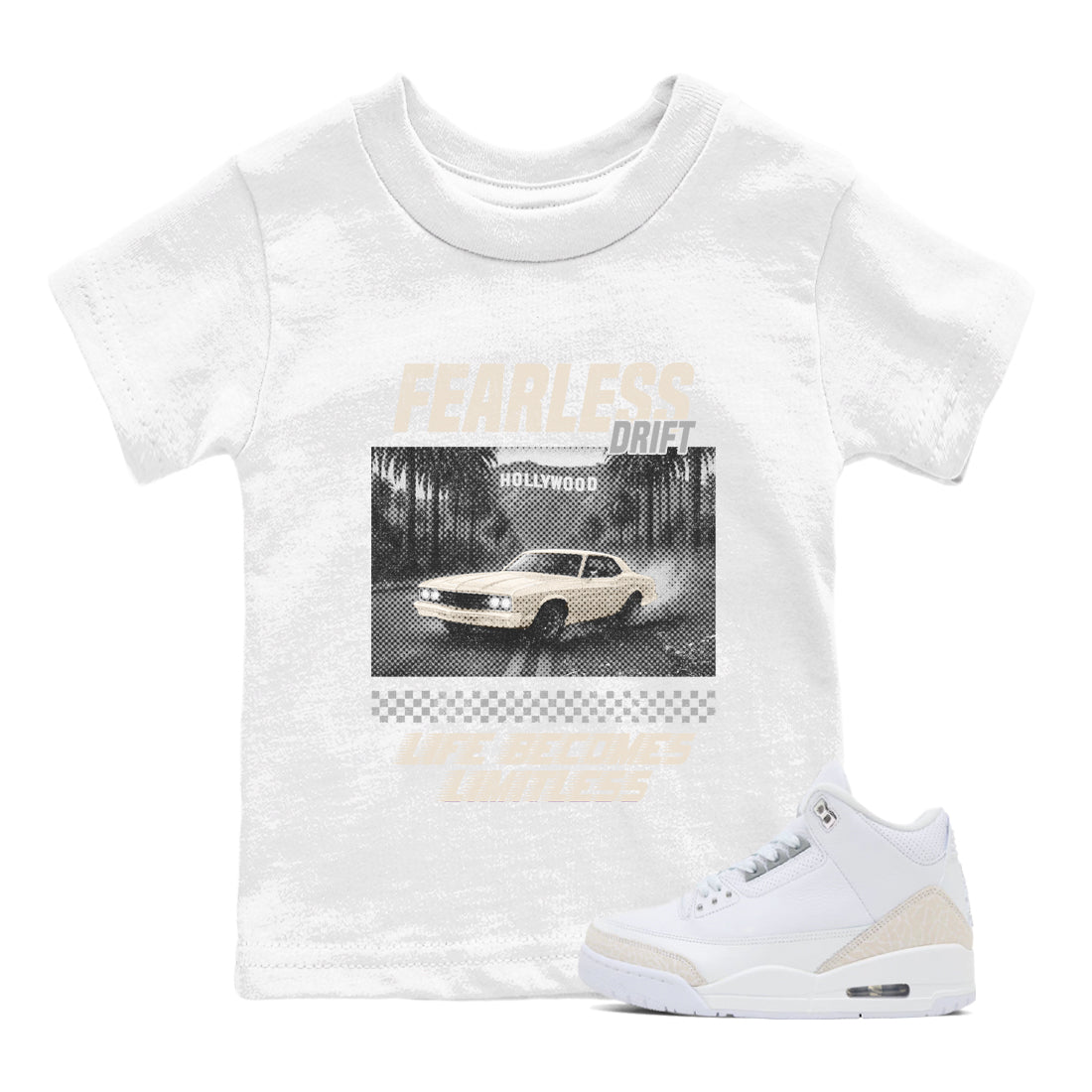 Fearless Drift baby and kids t-shirt crafted for little sneakerheads to shine with the Air Jordan 3 Pure Money sneakers, displayed in White 1.
