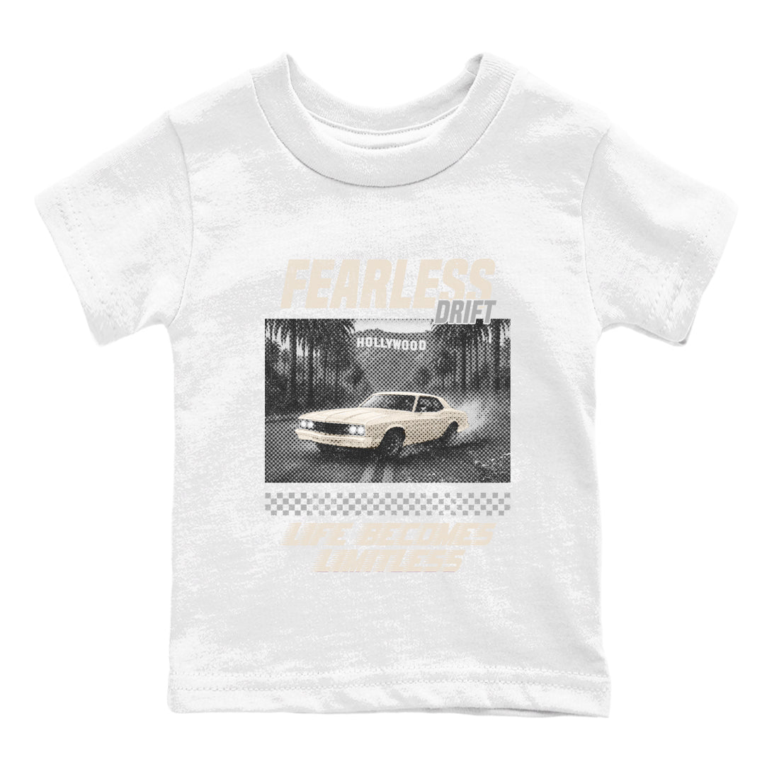 Fearless Drift baby and kids t-shirt crafted for little sneakerheads to shine with the Air Jordan 3 Pure Money sneakers, displayed in White 2.