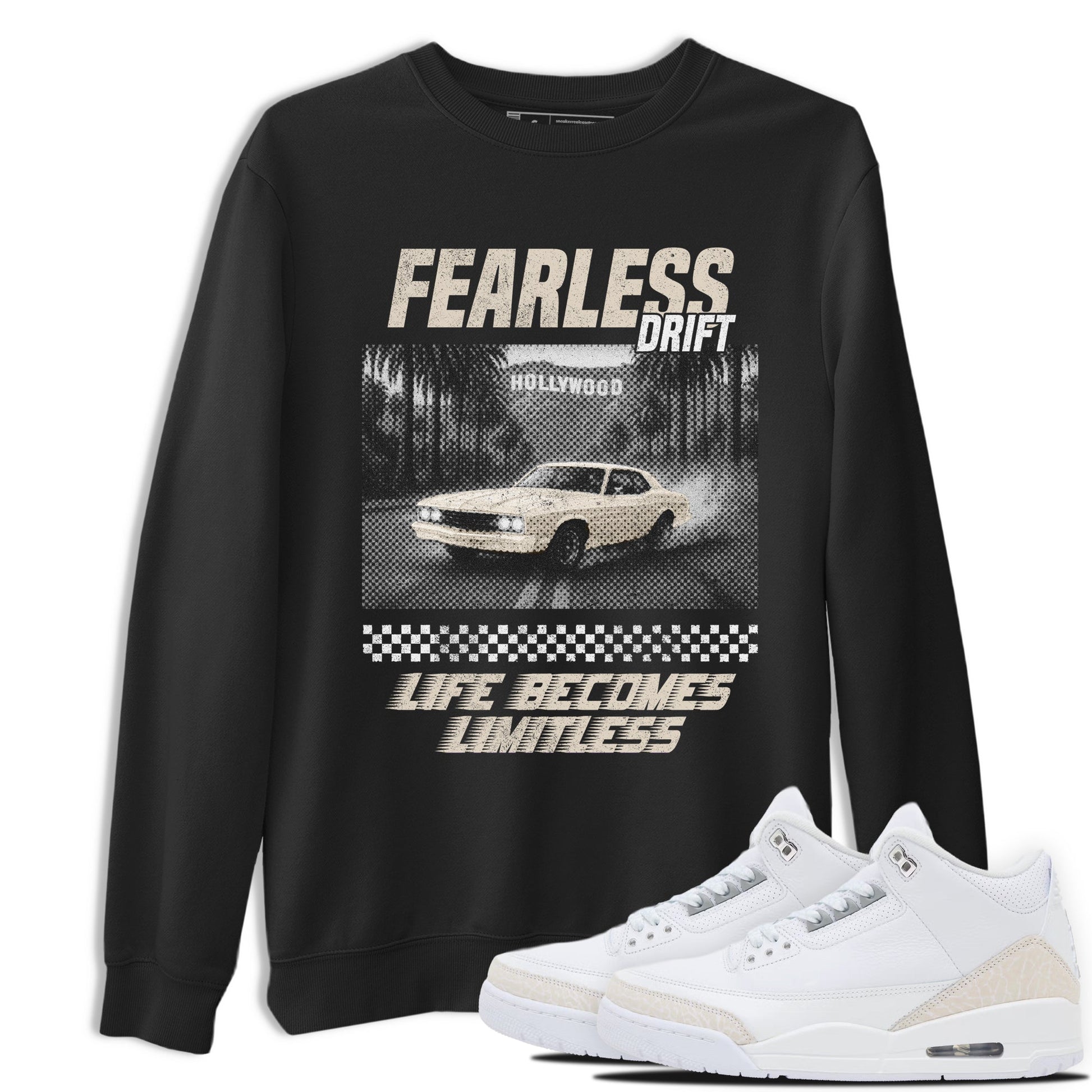 Fearless Drift sneaker match t-shirt styled to complete your fit with the Air Jordan 3 Pure Money sneakers, shown in Black 1.