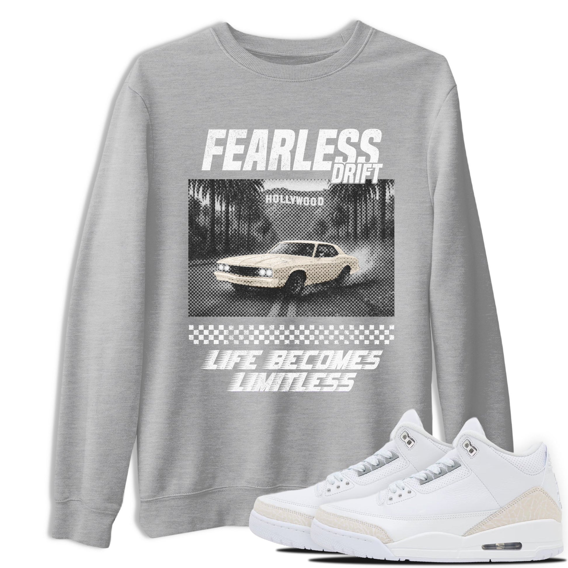 Fearless Drift sneaker match t-shirt styled to complete your fit with the Air Jordan 3 Pure Money sneakers, shown in Heather Grey 1.
