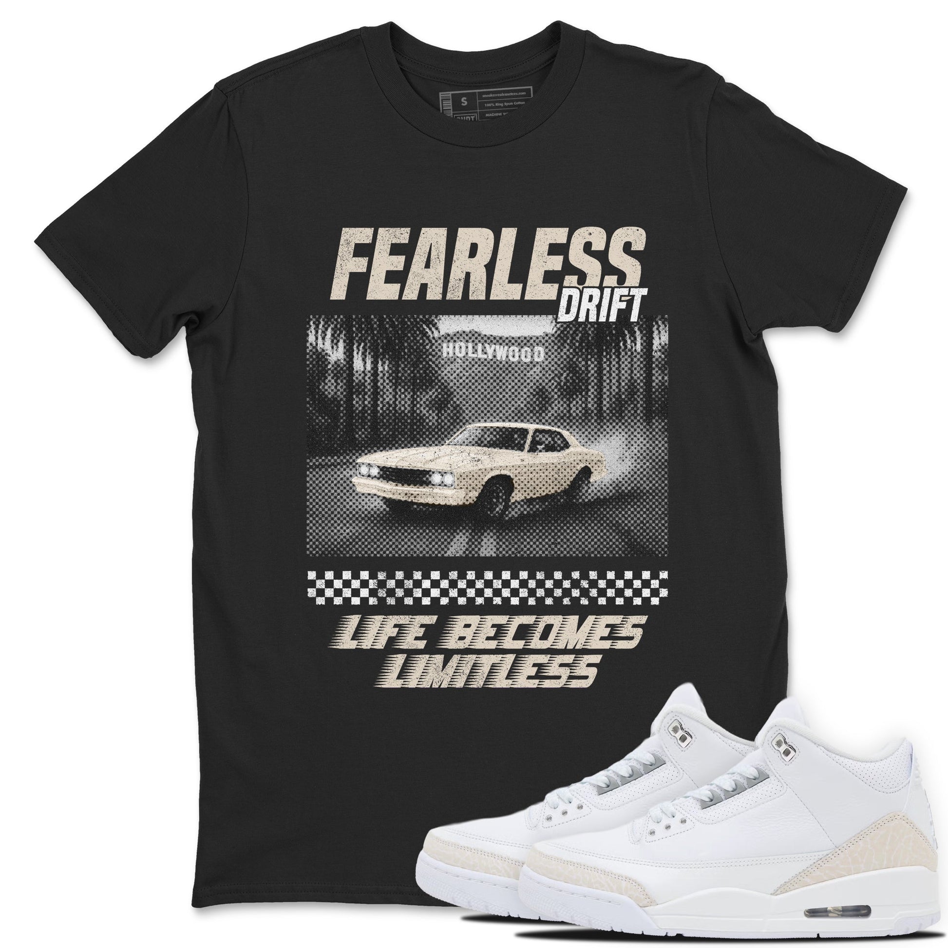 Fearless Drift sneaker match t-shirt styled to complete your fit with the Air Jordan 3 Pure Money sneakers, shown in Black 1.