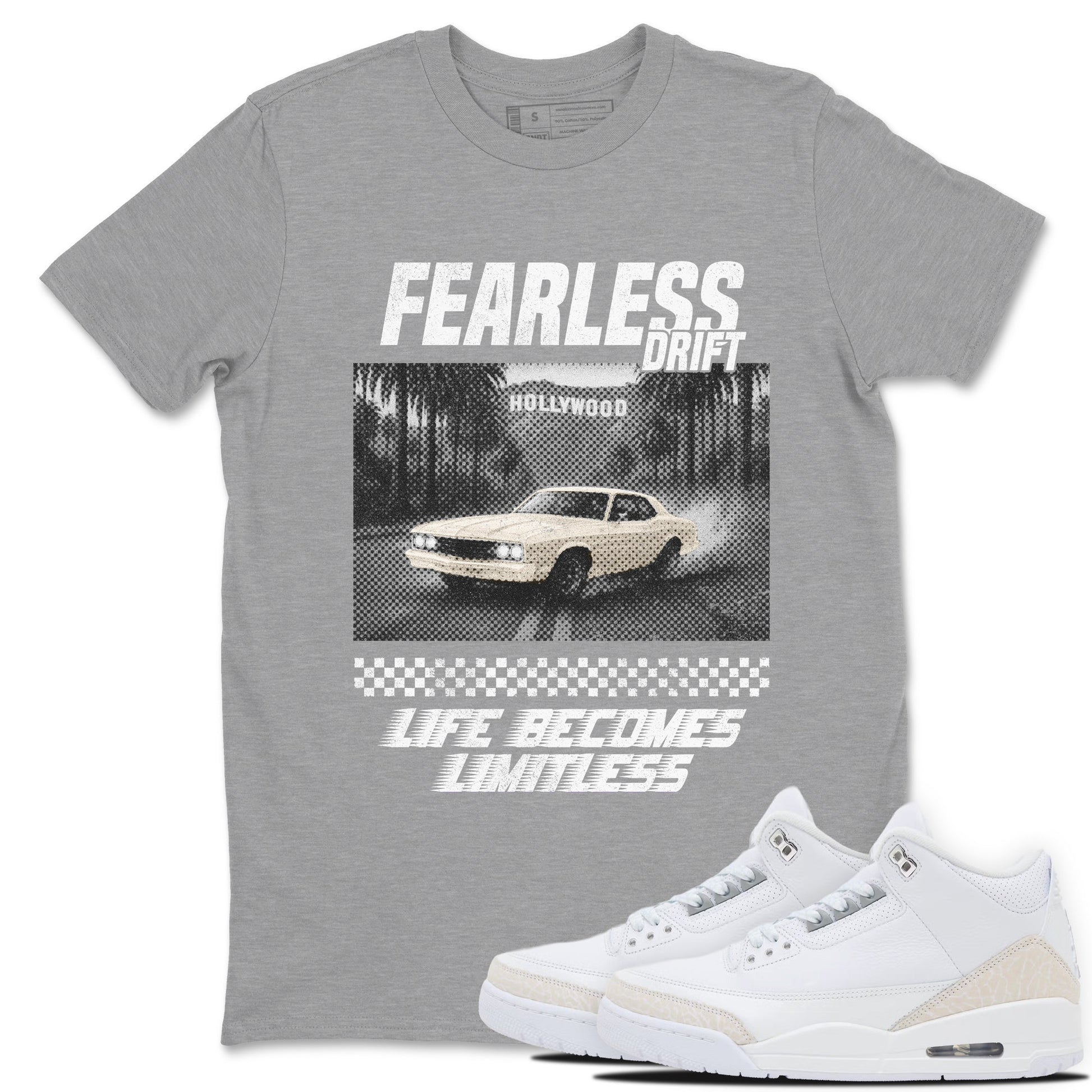 Fearless Drift sneaker match t-shirt styled to complete your fit with the Air Jordan 3 Pure Money sneakers, shown in Heather Grey 1.