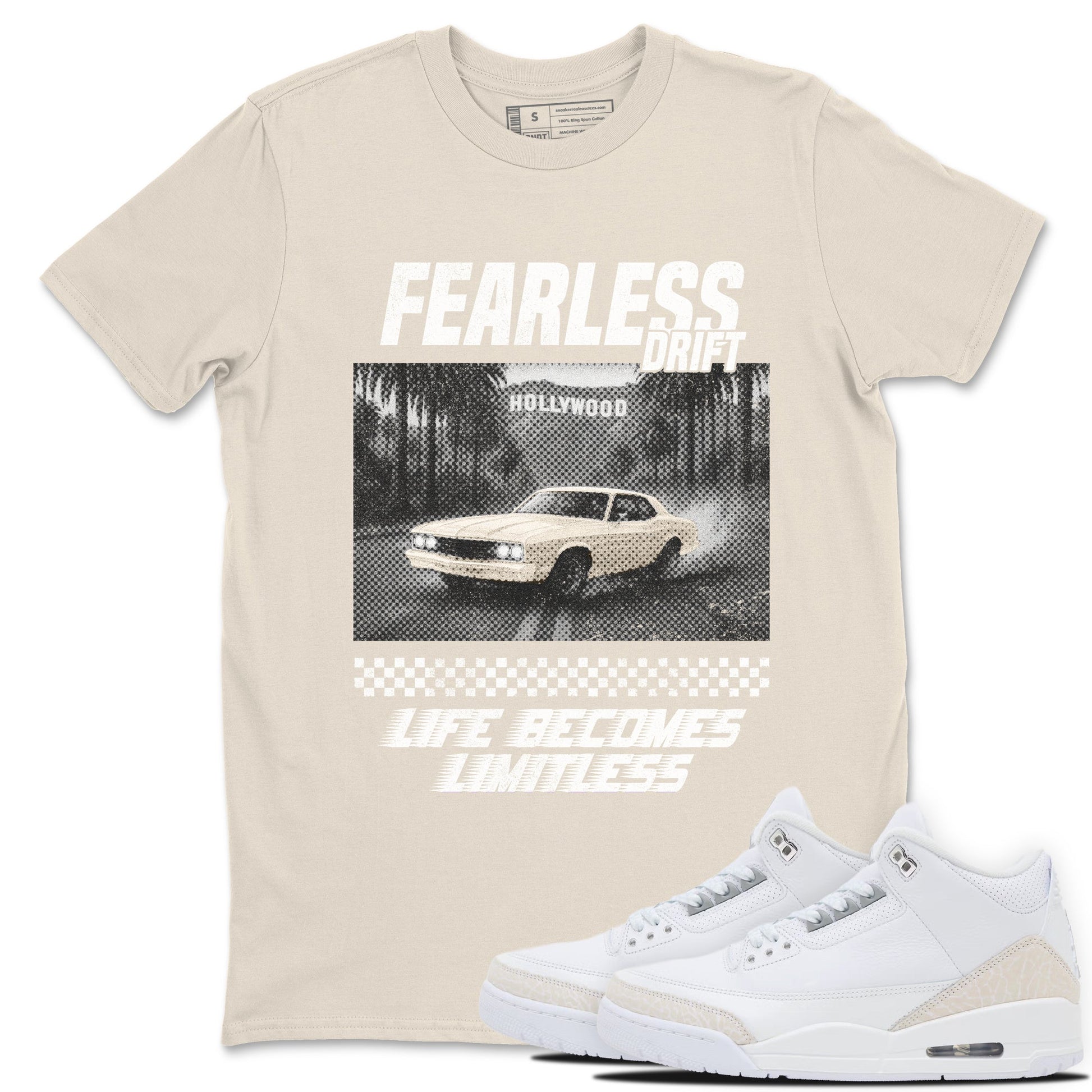 Fearless Drift sneaker match t-shirt styled to complete your fit with the Air Jordan 3 Pure Money sneakers, shown in Natural 1.