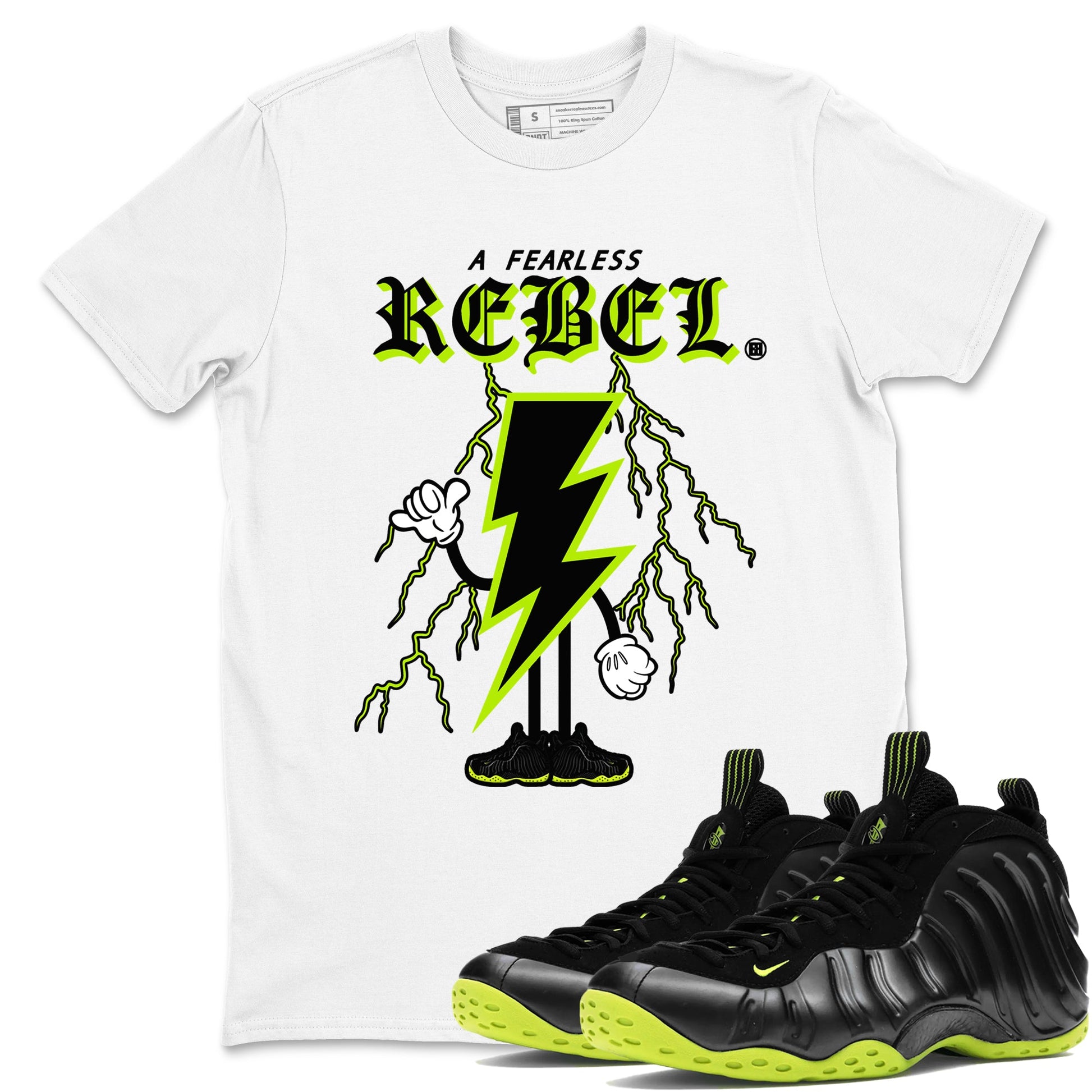 Foams One Black Volt shirts to match jordans Fearless Rebel sneaker match tees Air Foamposite One Black and Volt match shoes to clothes SNRT Sneaker Tees unisex cotton White 1 shirts