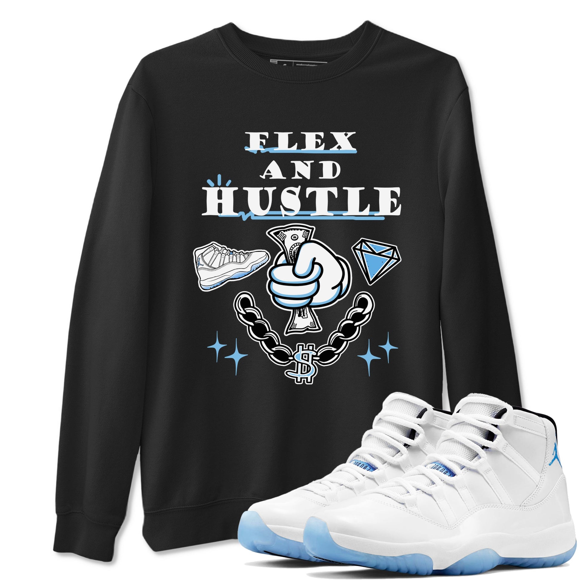 11s Legend Blue shirts to match jordans Flex And Hustle best t shirts to wear with jordans AJ11 Retro Legend Blue match shoes to clothes SNRT Sneaker Tees unisex cotton Black 1 shirts