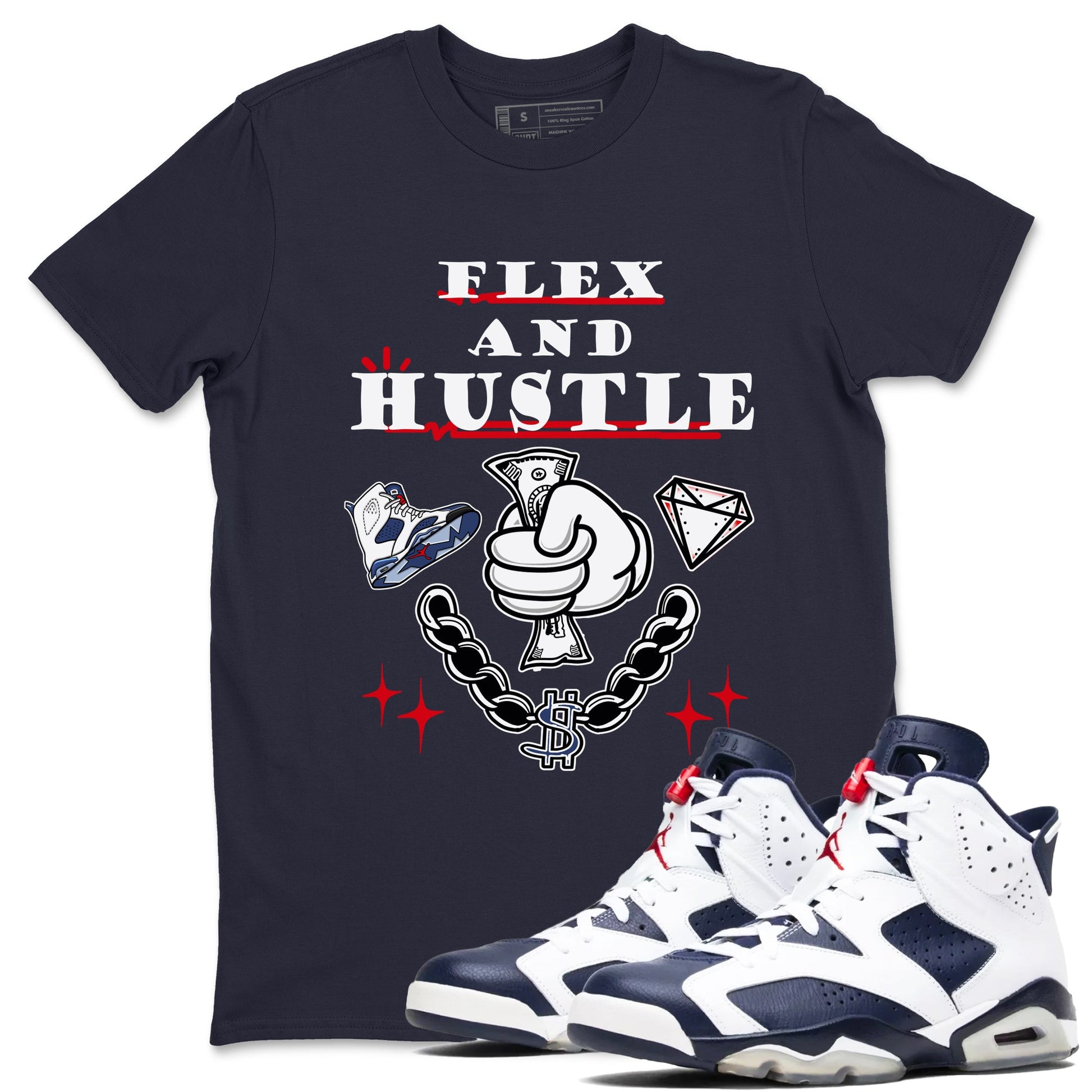 6s Olympic shirt to match jordans Flex And Hustle sneaker tees Air Jordan 6 Olympic SNRT Sneaker Release Tees unisex cotton Navy 1 crew neck shirt