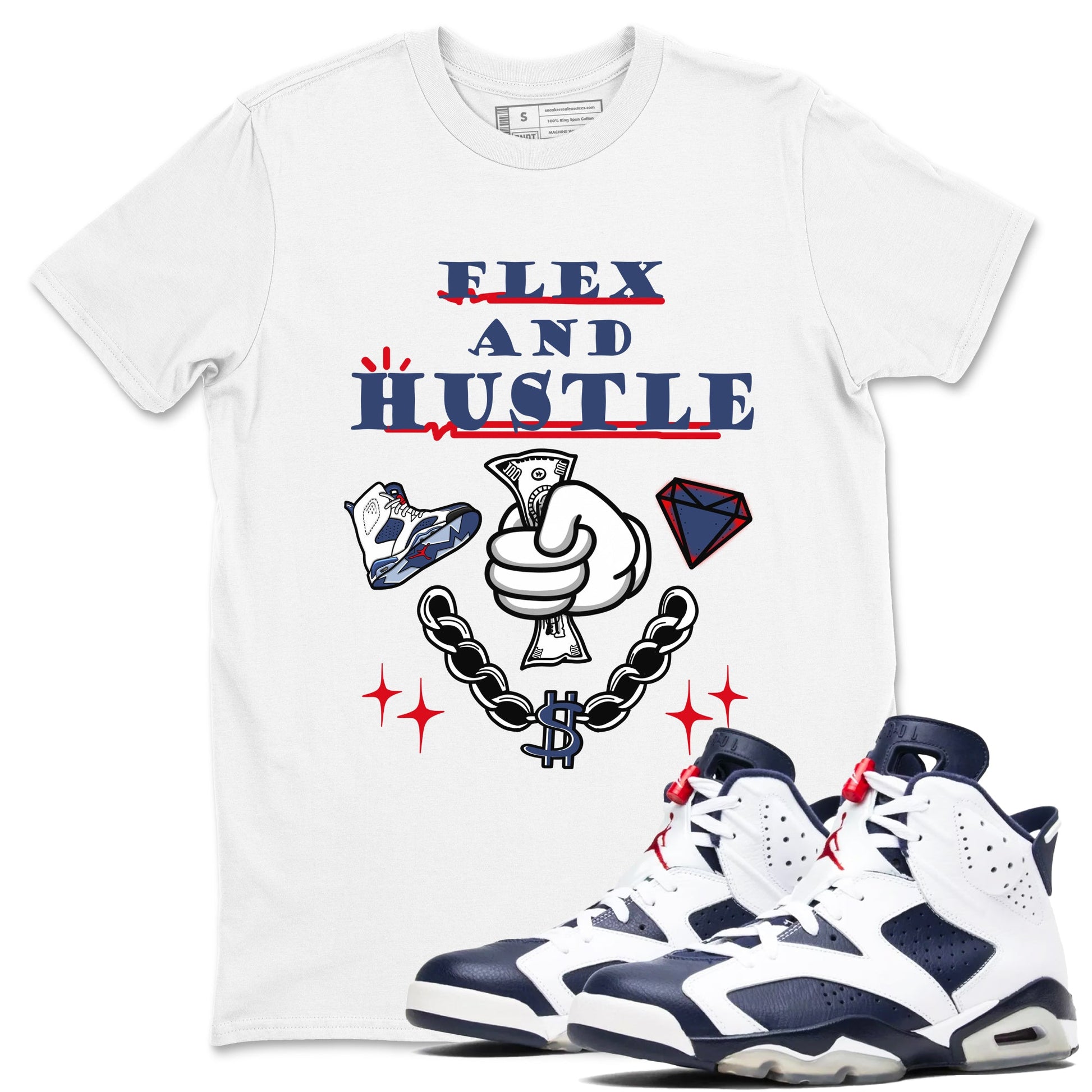6s Olympic shirt to match jordans Flex And Hustle sneaker tees Air Jordan 6 Olympic SNRT Sneaker Release Tees unisex cotton White 1 crew neck shirt