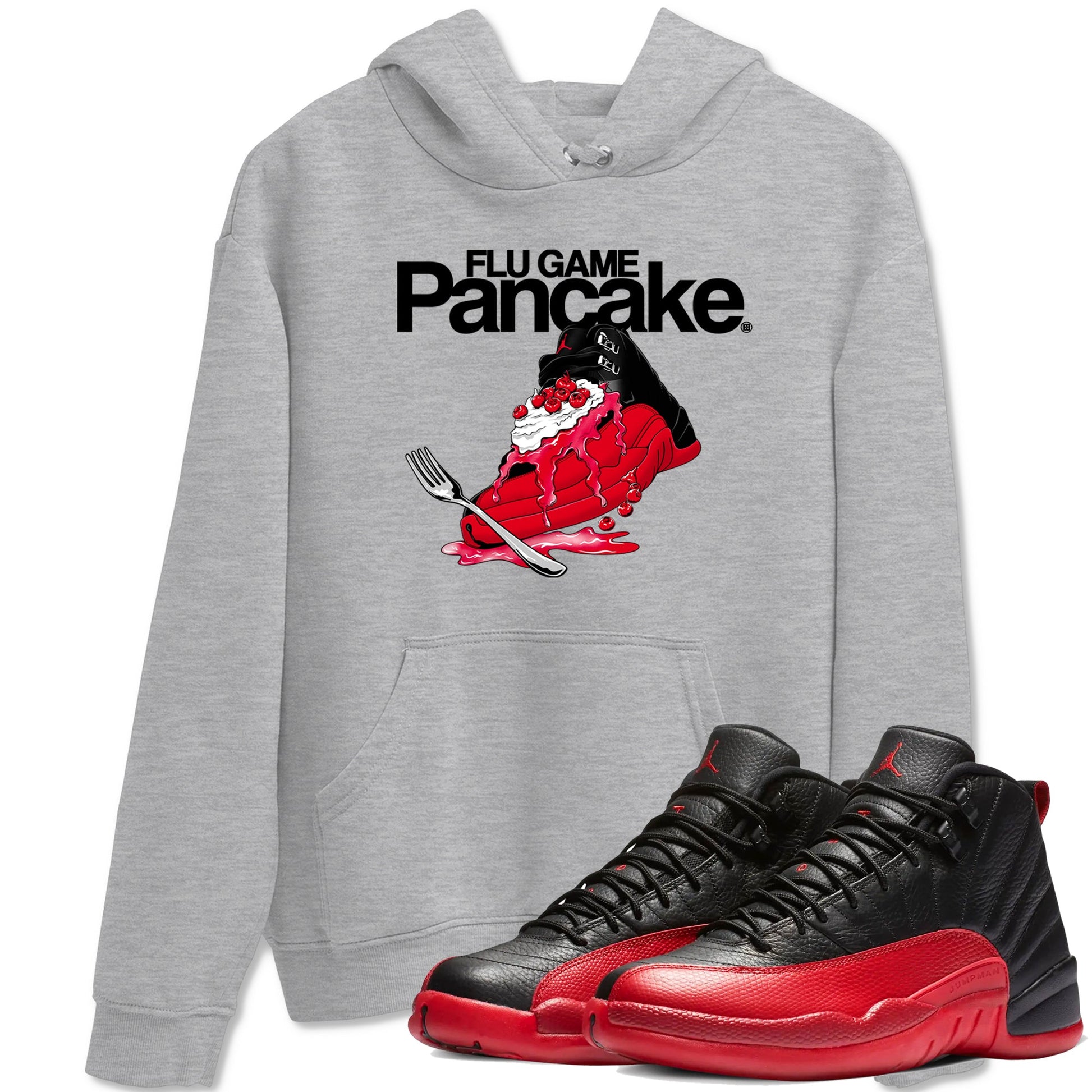 12s Flu Game shirts to match jordans Flu Game Pancake best t shirts to wear with jordans Air Jordan 12 Retro Flu Black and Varsity Red match shoes to clothes SNRT Sneaker Tees unisex cotton Heather Grey 1 shirts