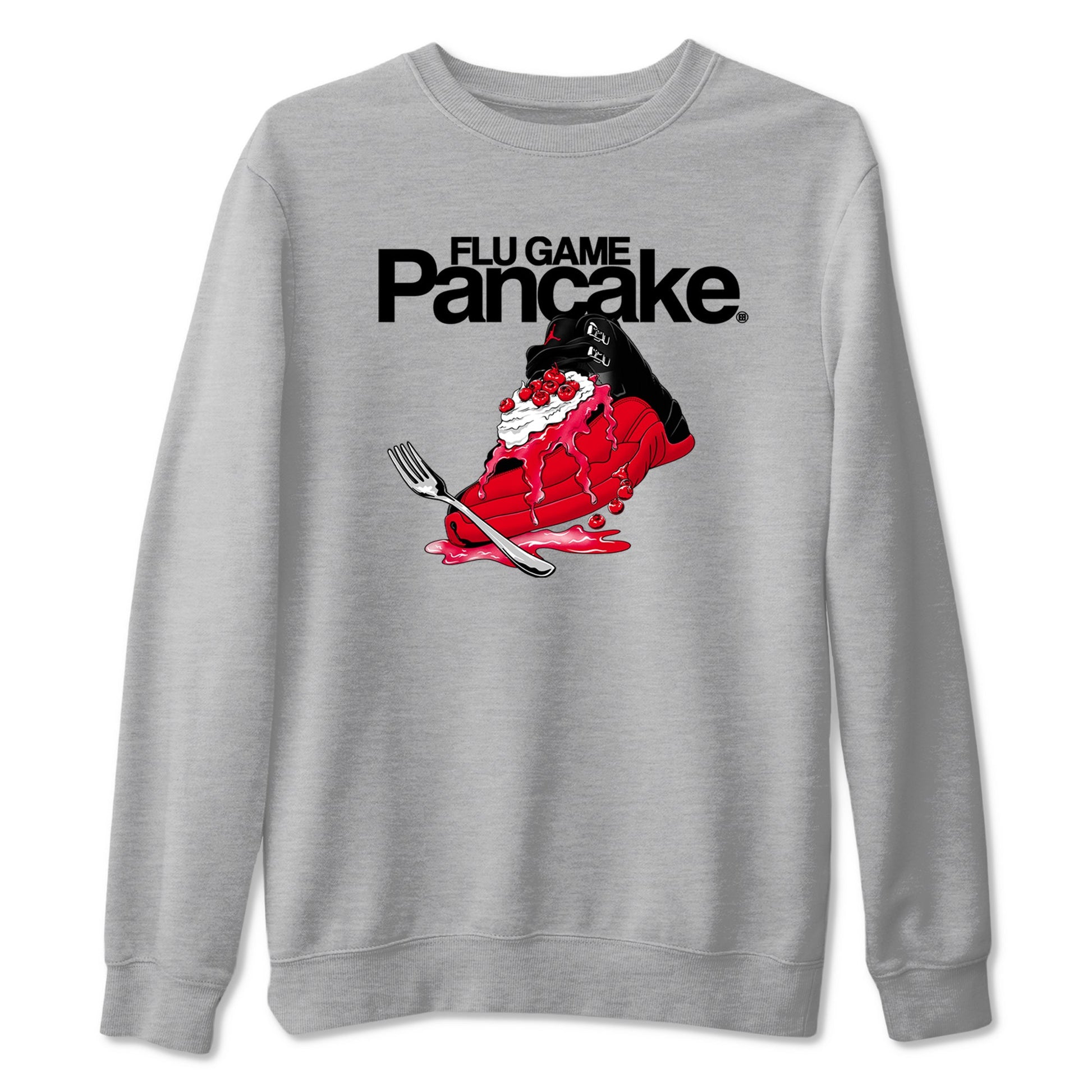 12s Flu Game shirts to match jordans Flu Game Pancake best t shirts to wear with jordans Air Jordan 12 Retro Flu Black and Varsity Red match shoes to clothes SNRT Sneaker Tees unisex cotton Heather Grey 2 shirts