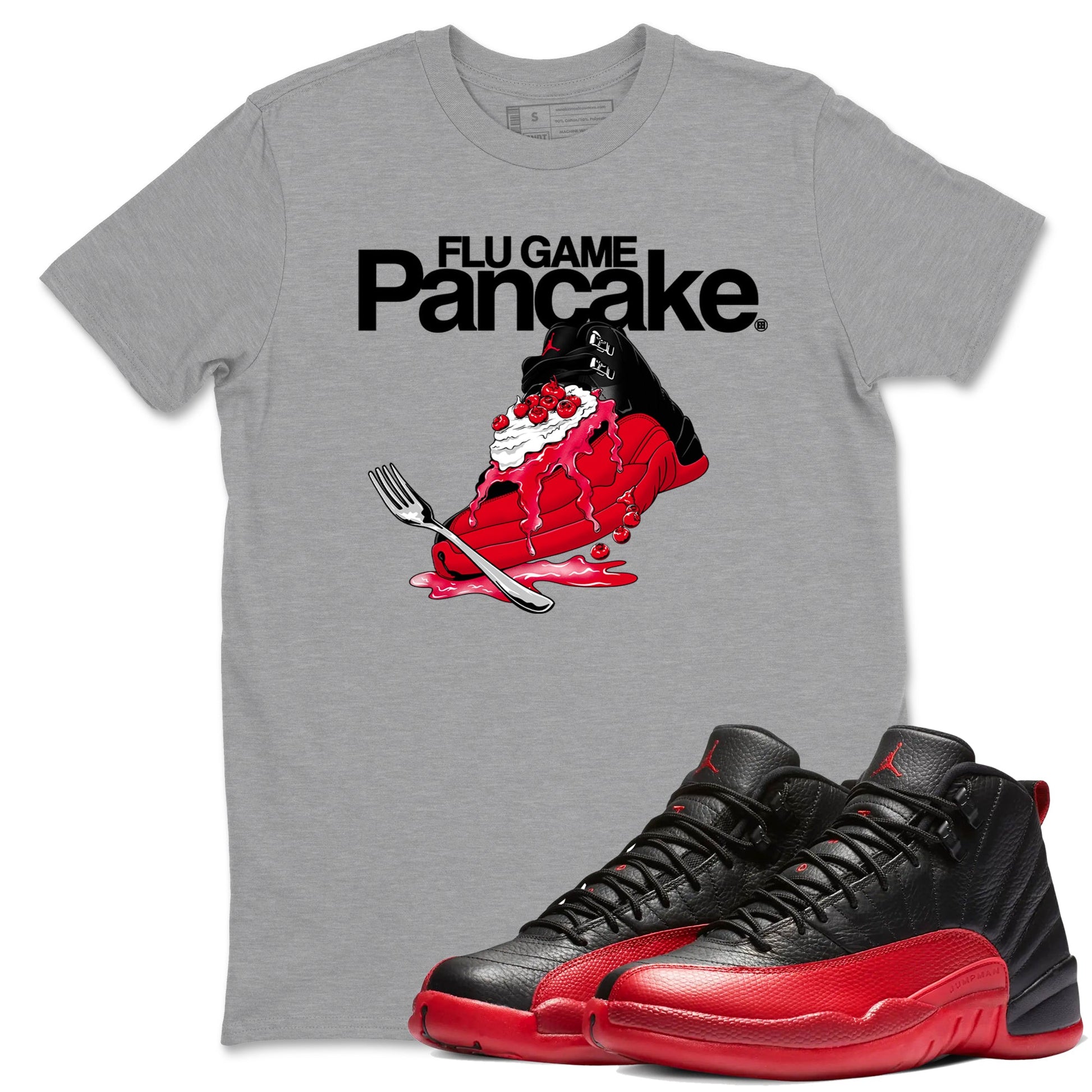 12s Flu Game shirts to match jordans Flu Game Pancake best t shirts to wear with jordans Air Jordan 12 Retro Flu Black and Varsity Red match shoes to clothes SNRT Sneaker Tees unisex cotton Heather Grey 1 shirts
