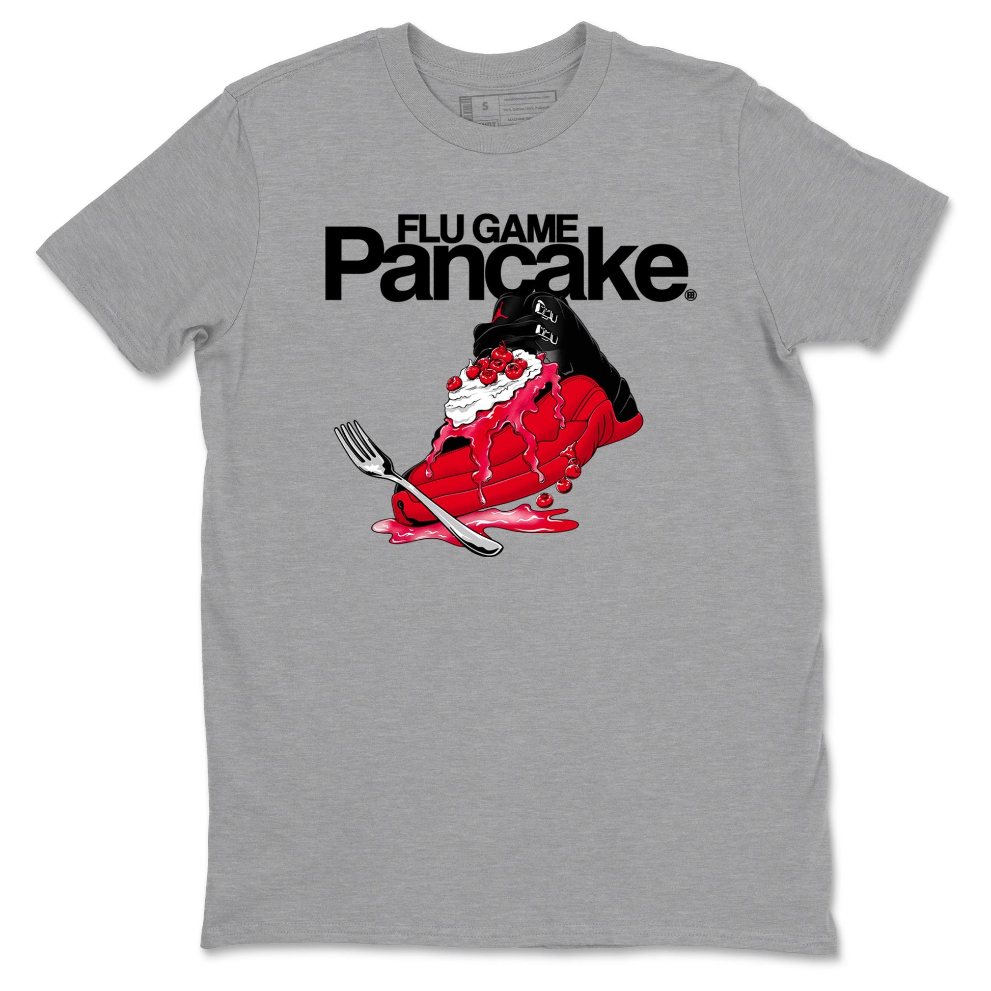 12s Flu Game shirts to match jordans Flu Game Pancake best t shirts to wear with jordans Air Jordan 12 Retro Flu Black and Varsity Red match shoes to clothes SNRT Sneaker Tees unisex cotton Heather Grey 2 shirts