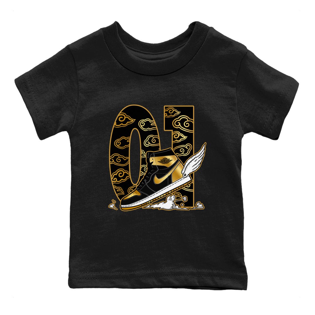 1s Black Metallic Gold shirts to match jordans Fly To The Clouds sneaker match tees Jordan 1 High OG Black and Gold SNRT Sneaker Release Tees Youth Baby Black 2 crew neck shirts