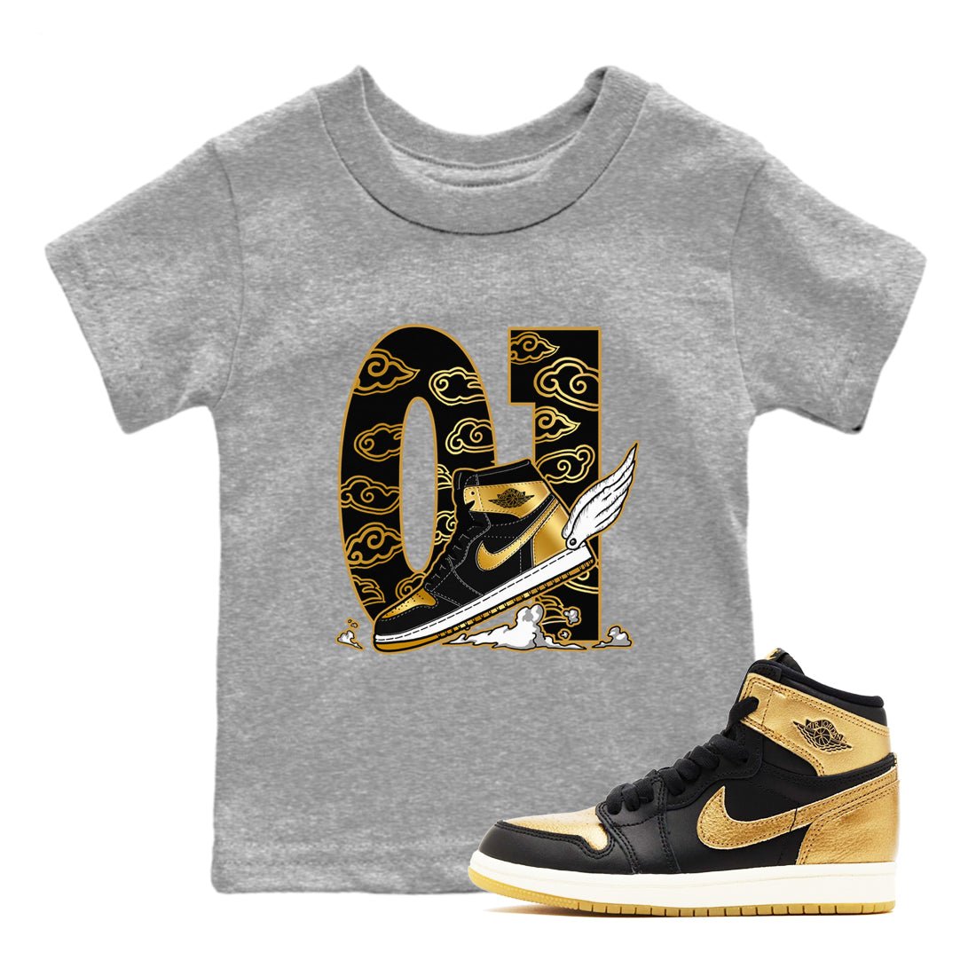 1s Black Metallic Gold shirts to match jordans Fly To The Clouds sneaker match tees Jordan 1 High OG Black and Gold SNRT Sneaker Release Tees Youth Baby Heather Grey 1 crew neck shirts