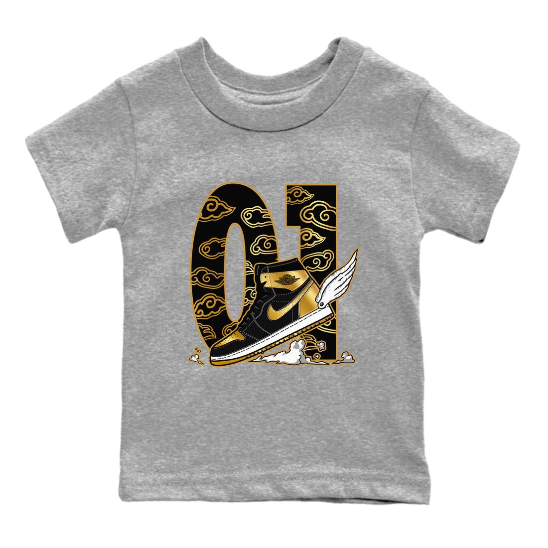 1s Black Metallic Gold shirts to match jordans Fly To The Clouds sneaker match tees Jordan 1 High OG Black and Gold SNRT Sneaker Release Tees Youth Baby Heather Grey 2 crew neck shirts