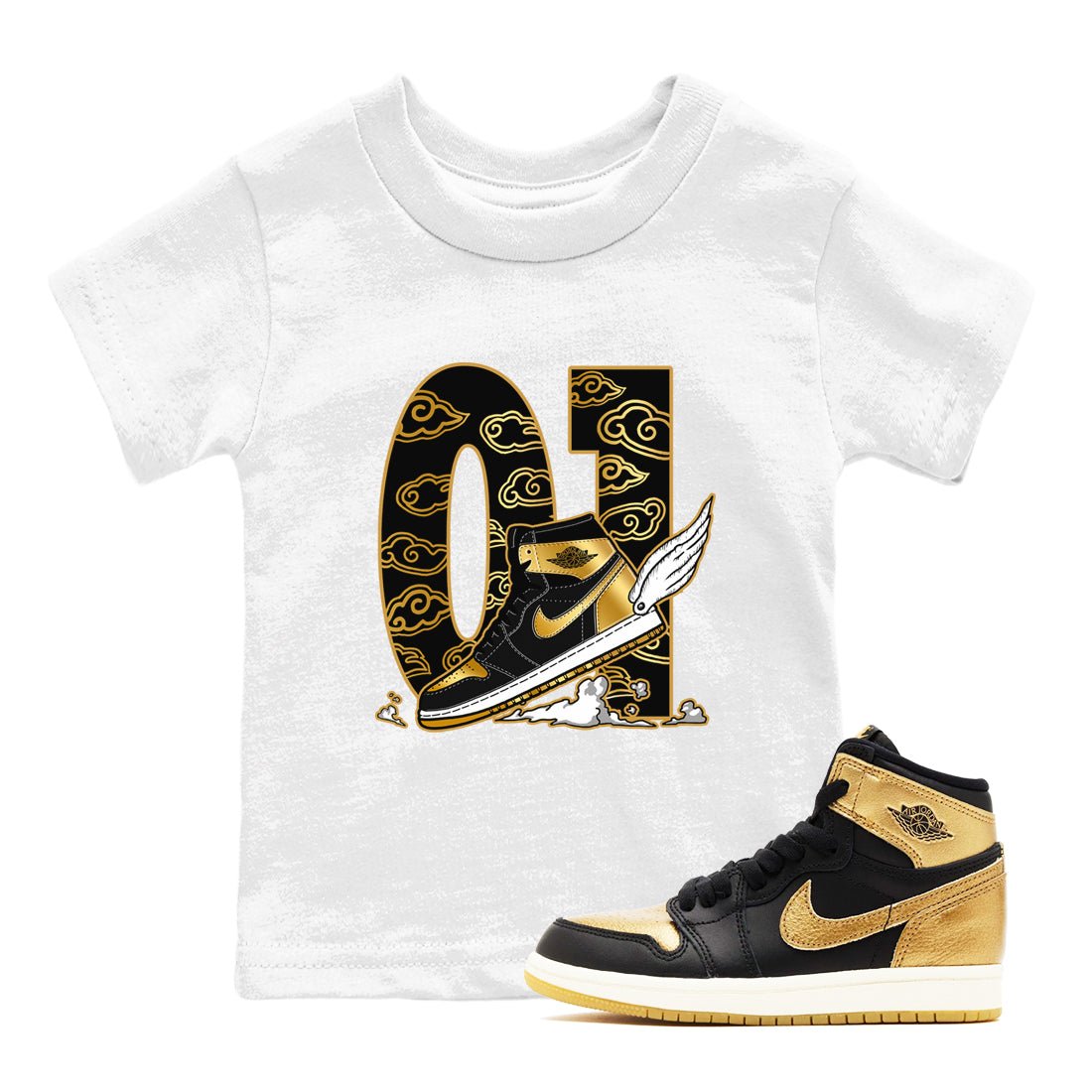 1s Black Metallic Gold shirts to match jordans Fly To The Clouds sneaker match tees Jordan 1 High OG Black and Gold SNRT Sneaker Release Tees Youth Baby White 1 crew neck shirts