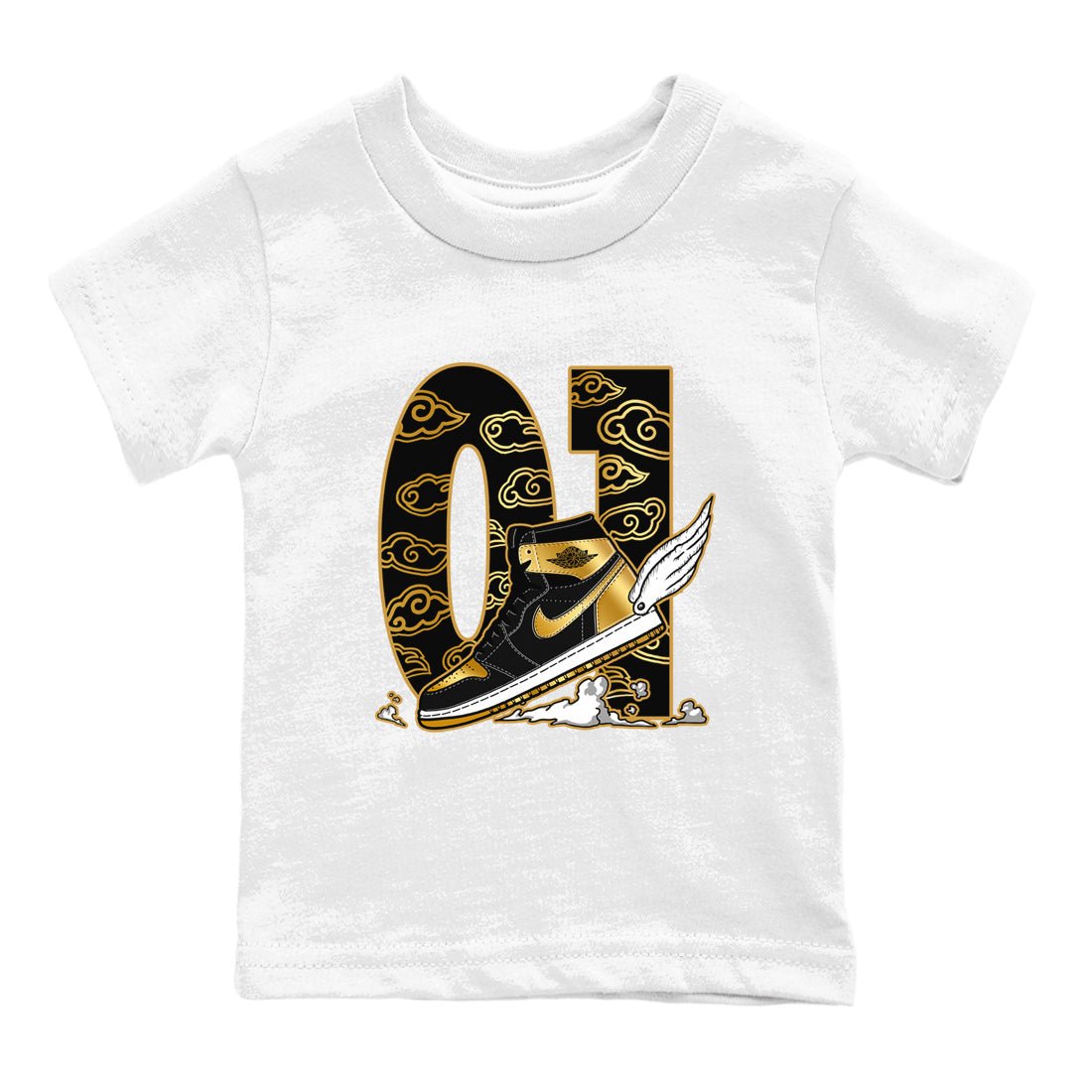 1s Black Metallic Gold shirts to match jordans Fly To The Clouds sneaker match tees Jordan 1 High OG Black and Gold SNRT Sneaker Release Tees Youth Baby White 2 crew neck shirts