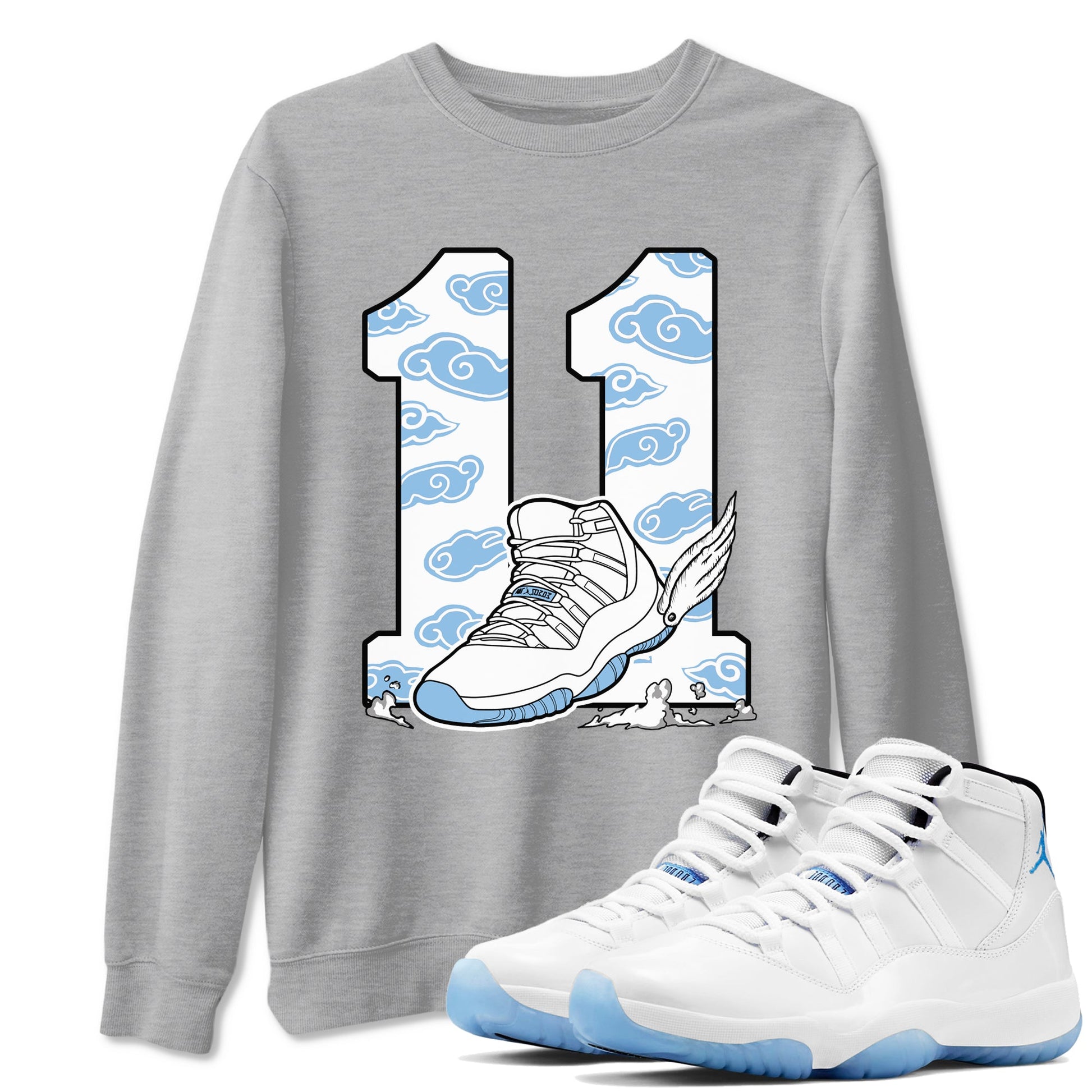 11s Legend Blue (Columbia) shirts to match jordans Fly To The Clouds sneaker match tees Air Jordan 11 Retro Legend Blue match shoes to clothes SNRT Sneaker Tees unisex cotton Heather Grey 1 shirts