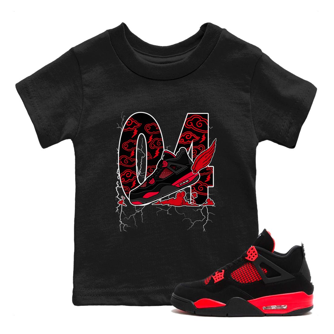 4s Red Thunder shirts to match jordans Fly To The Clouds sneaker match tees Air Jordan 4 Red Thunder SNRT Sneaker Tees streetwear brand Baby and Youth Black 1 cotton tee