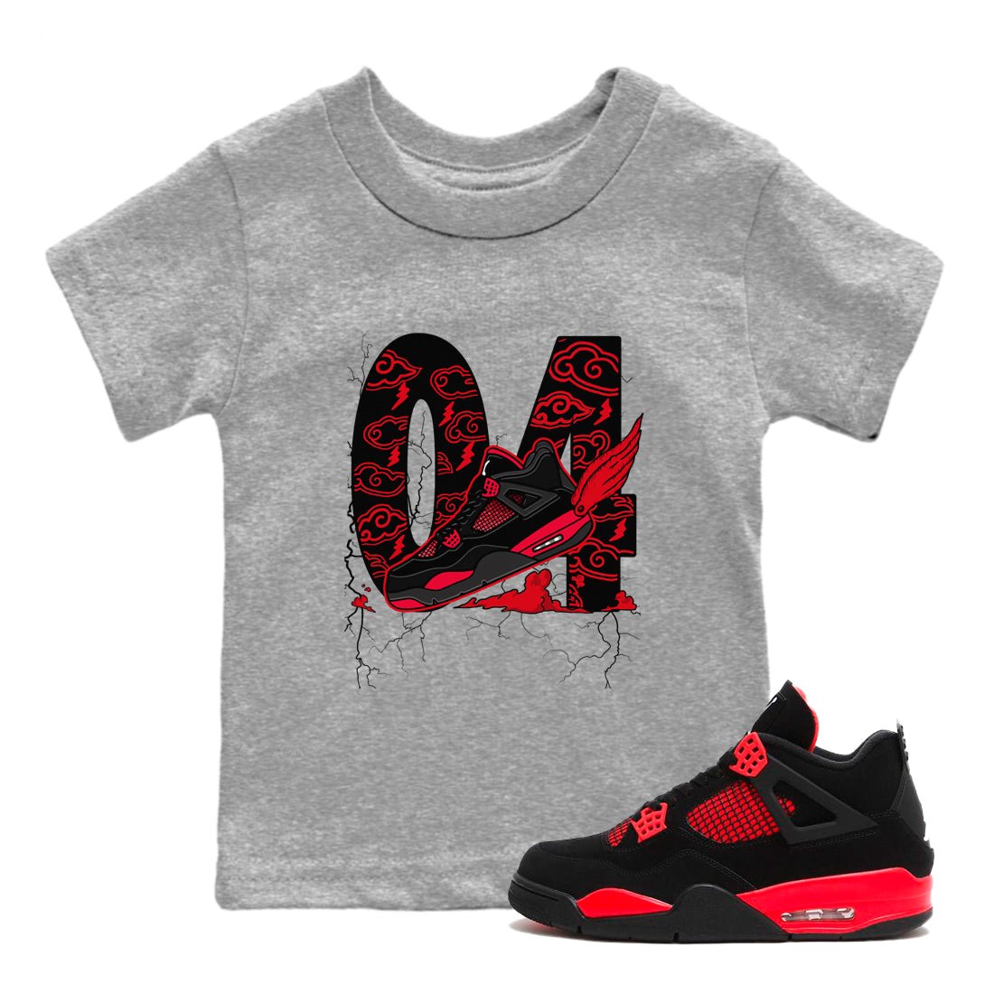 4s Red Thunder shirts to match jordans Fly To The Clouds sneaker match tees Air Jordan 4 Red Thunder SNRT Sneaker Tees streetwear brand Baby and Youth Heather Grey 1 cotton tee