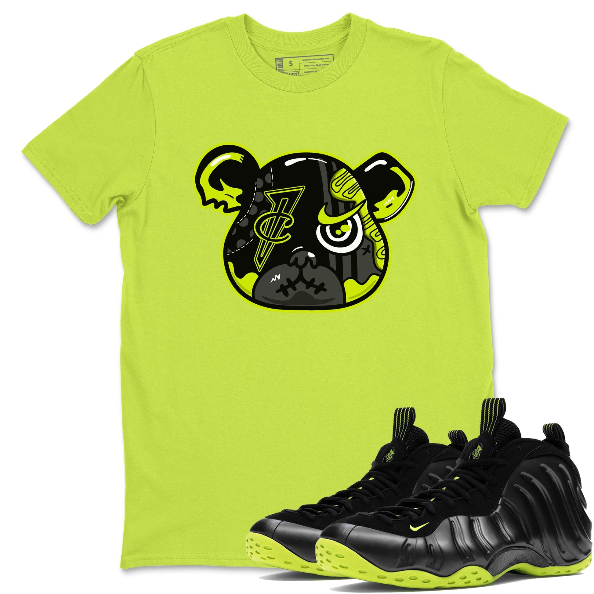 Foams One Black Volt shirts to match jordans Foamposite Bear sneaker match tees Air Foamposite One Black and Volt match shoes to clothes SNRT Sneaker Tees unisex cotton Safety Green 1 shirts