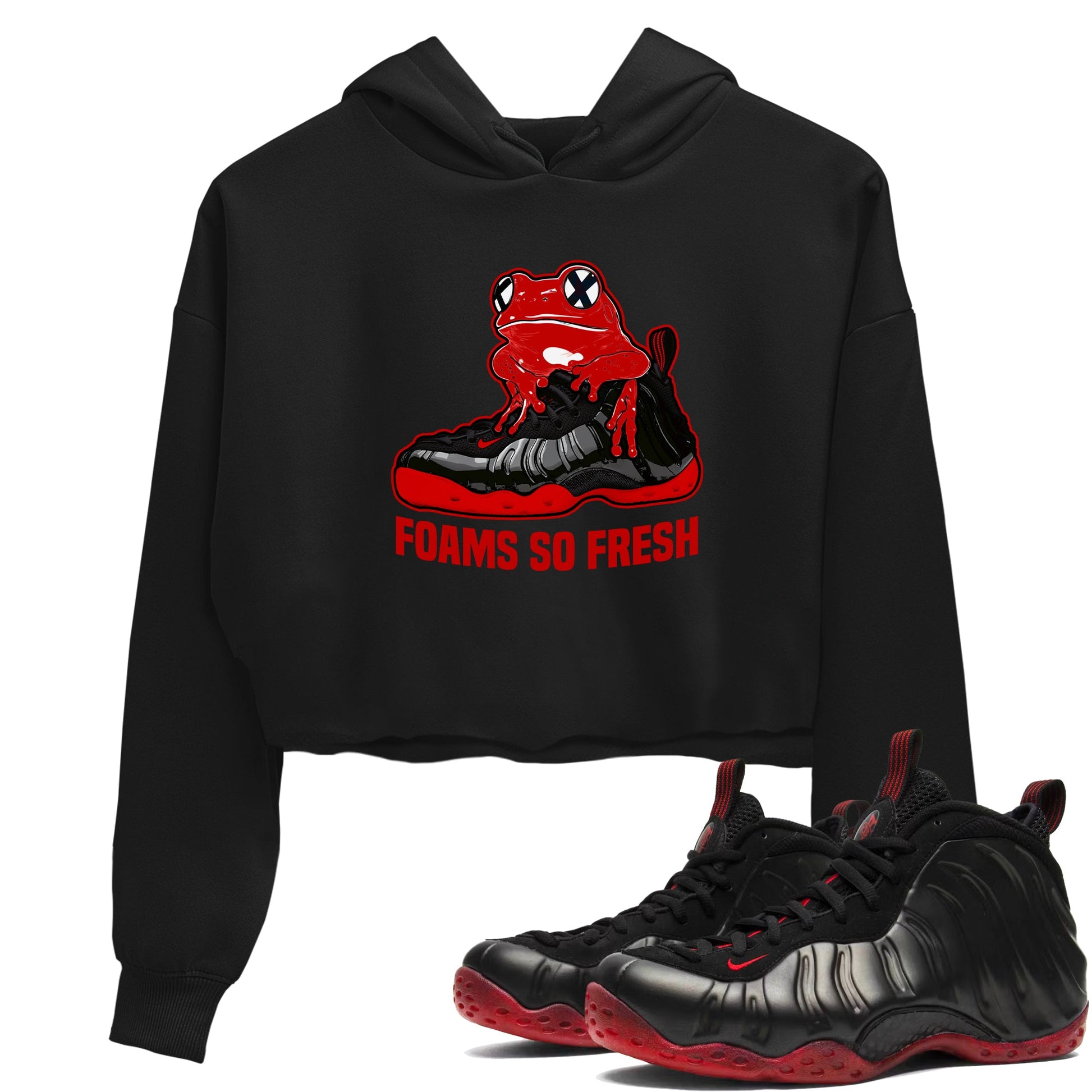 Foams So Fresh womens crop tee made to vibe with the Air Foamposite Cough Drop sneakers — the perfect match in Black 1.