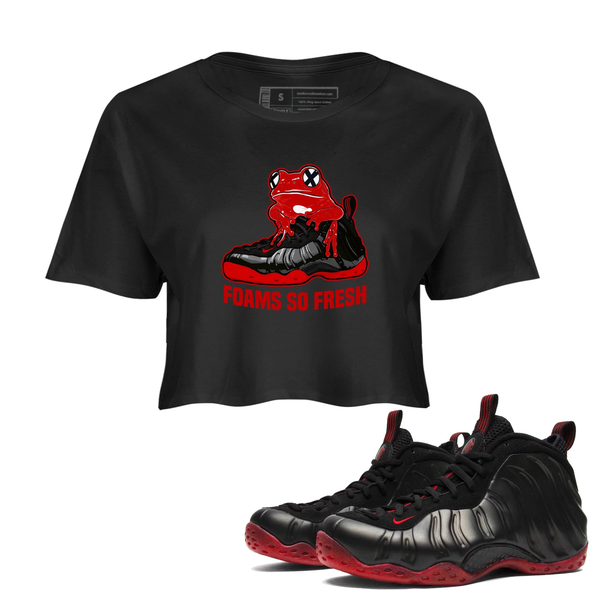 Foams So Fresh womens crop tee made to vibe with the Air Foamposite Cough Drop sneakers — the perfect match in Black 1.
