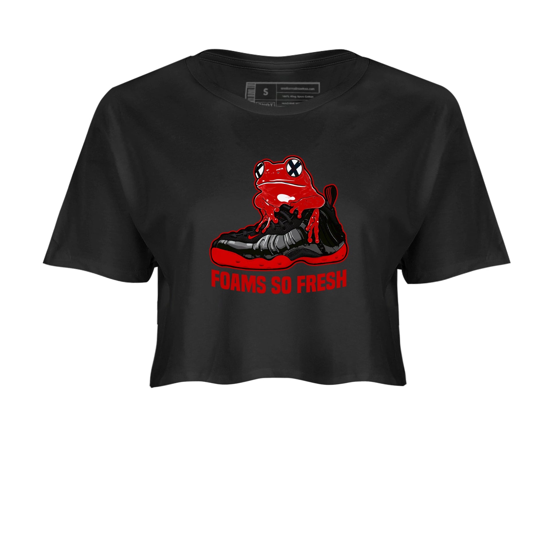 Foams So Fresh womens crop tee made to vibe with the Air Foamposite Cough Drop sneakers — the perfect match in Black 2.