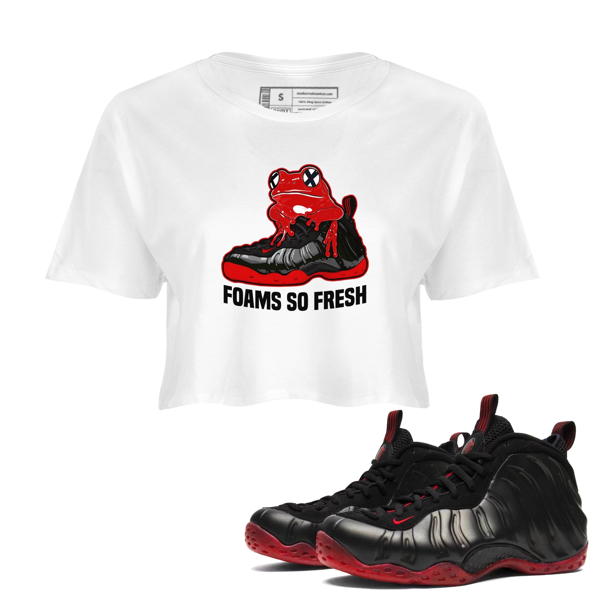Foams So Fresh womens crop tee made to vibe with the Air Foamposite Cough Drop sneakers — the perfect match in White 1.