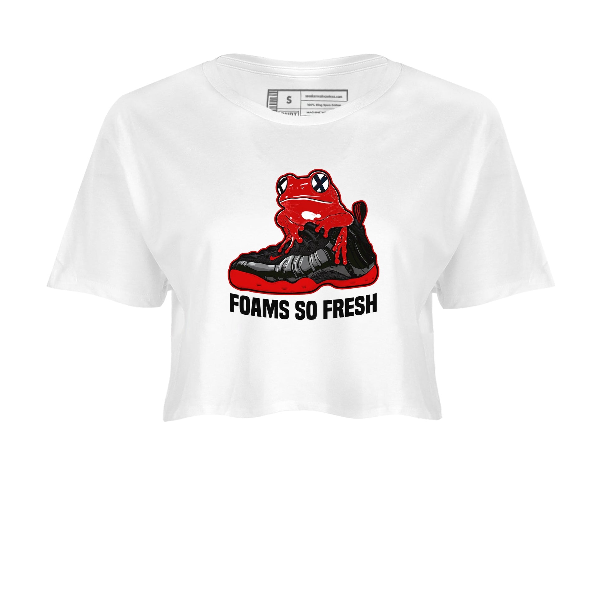 Foams So Fresh womens crop tee made to vibe with the Air Foamposite Cough Drop sneakers — the perfect match in White 2.