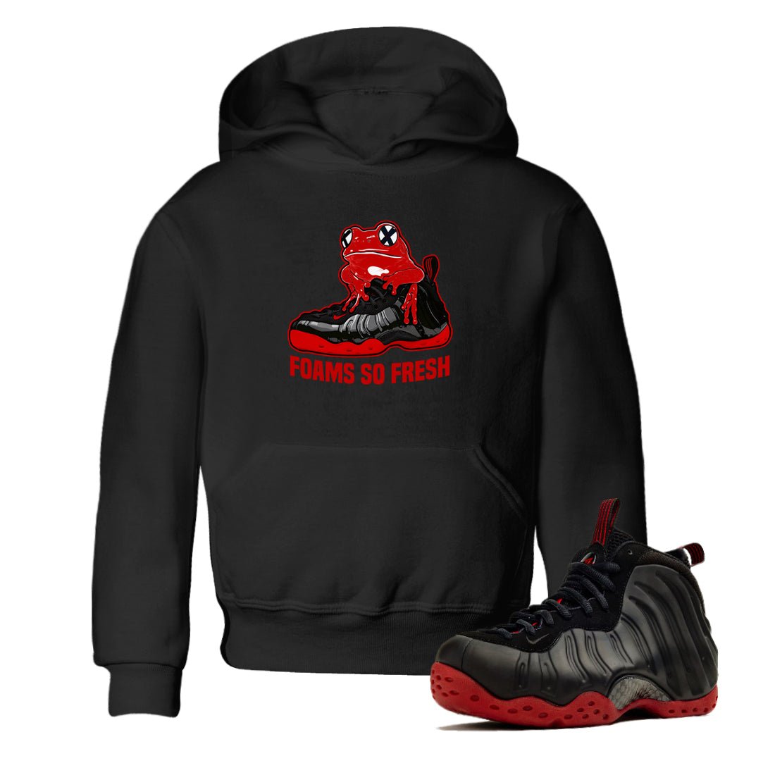Foams So Fresh baby and kids t-shirt crafted for little sneakerheads to shine with the Air Foamposite Cough Drop sneakers, displayed in Black 1.