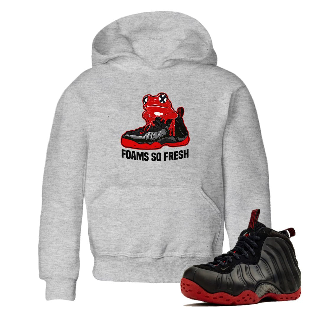Foams So Fresh baby and kids t-shirt crafted for little sneakerheads to shine with the Air Foamposite Cough Drop sneakers, displayed in Heather Grey 1.