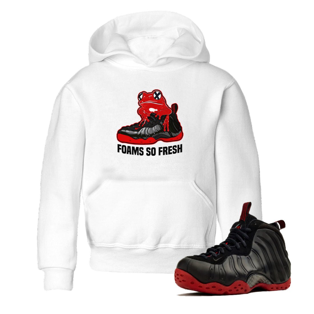 Foams So Fresh baby and kids t-shirt crafted for little sneakerheads to shine with the Air Foamposite Cough Drop sneakers, displayed in White 1.