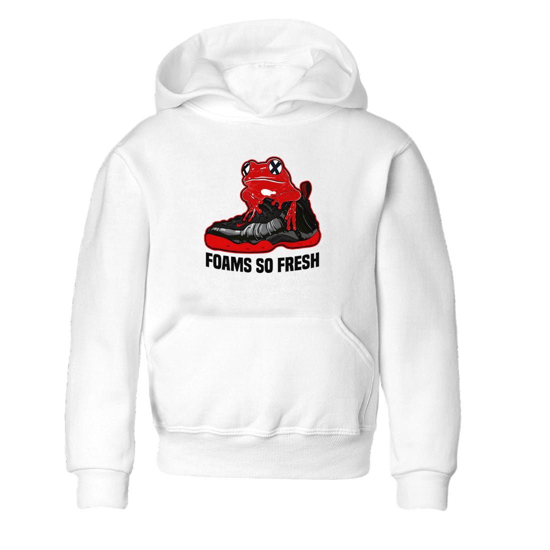 Foams So Fresh baby and kids t-shirt crafted for little sneakerheads to shine with the Air Foamposite Cough Drop sneakers, displayed in White 2.