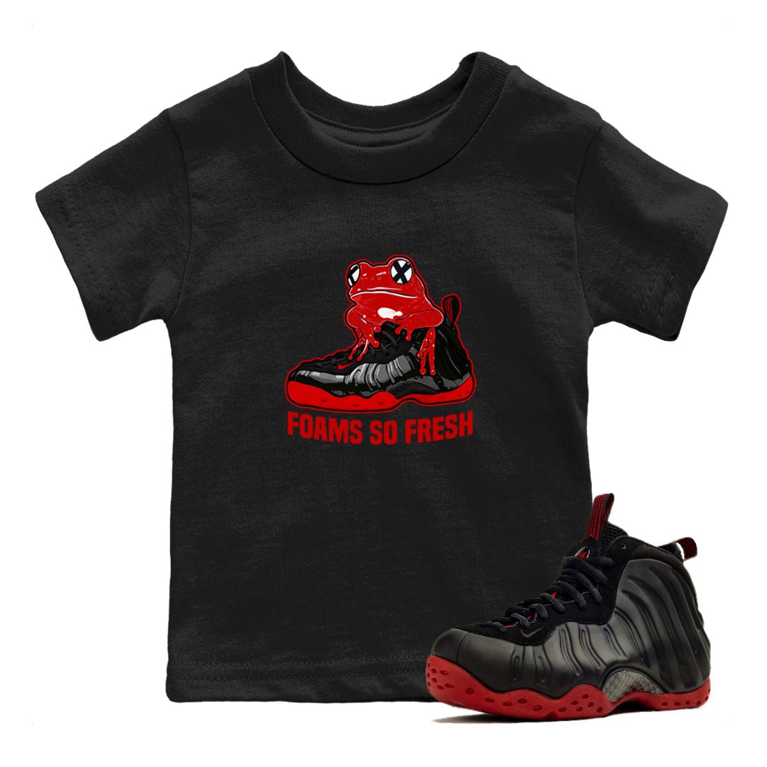 Foams So Fresh baby and kids t-shirt crafted for little sneakerheads to shine with the Air Foamposite Cough Drop sneakers, displayed in Black 1.