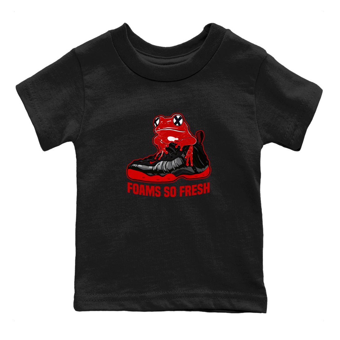Foams So Fresh baby and kids t-shirt crafted for little sneakerheads to shine with the Air Foamposite Cough Drop sneakers, displayed in Black 2.