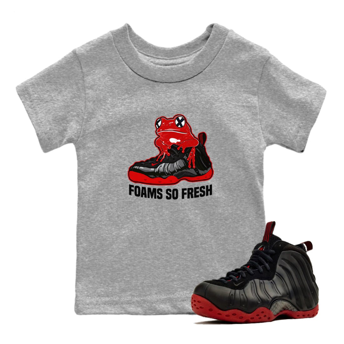 Foams So Fresh baby and kids t-shirt crafted for little sneakerheads to shine with the Air Foamposite Cough Drop sneakers, displayed in Heather Grey 1.