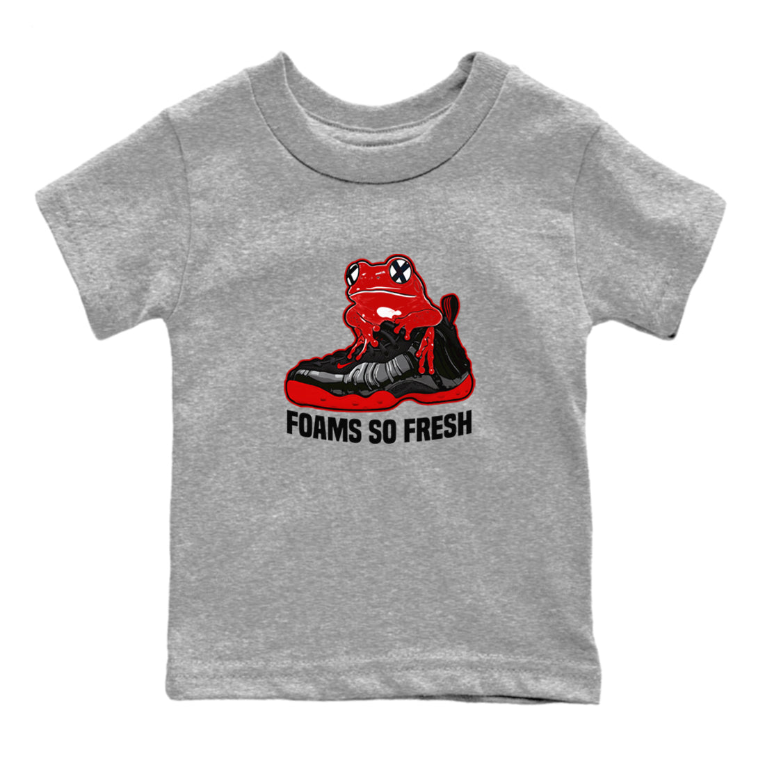 Foams So Fresh baby and kids t-shirt crafted for little sneakerheads to shine with the Air Foamposite Cough Drop sneakers, displayed in Heather Grey 2.
