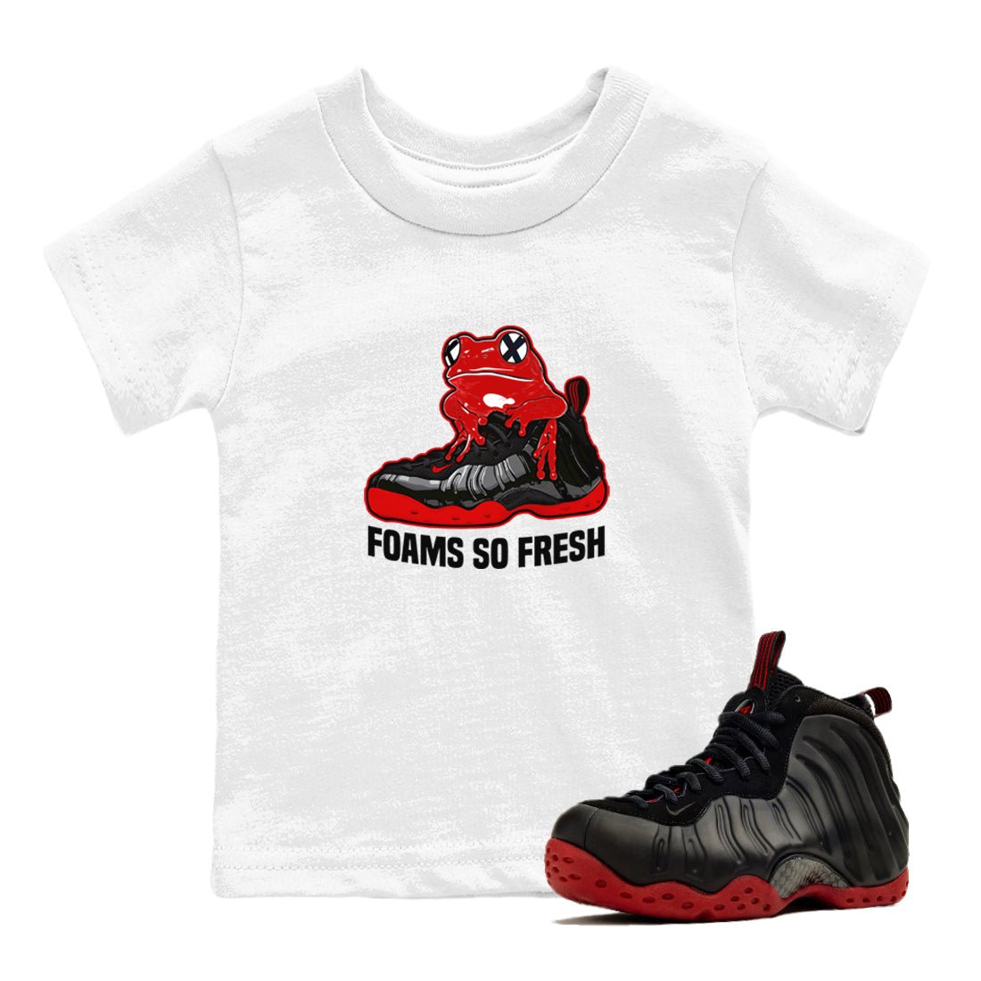 Foams So Fresh baby and kids t-shirt crafted for little sneakerheads to shine with the Air Foamposite Cough Drop sneakers, displayed in White 1.