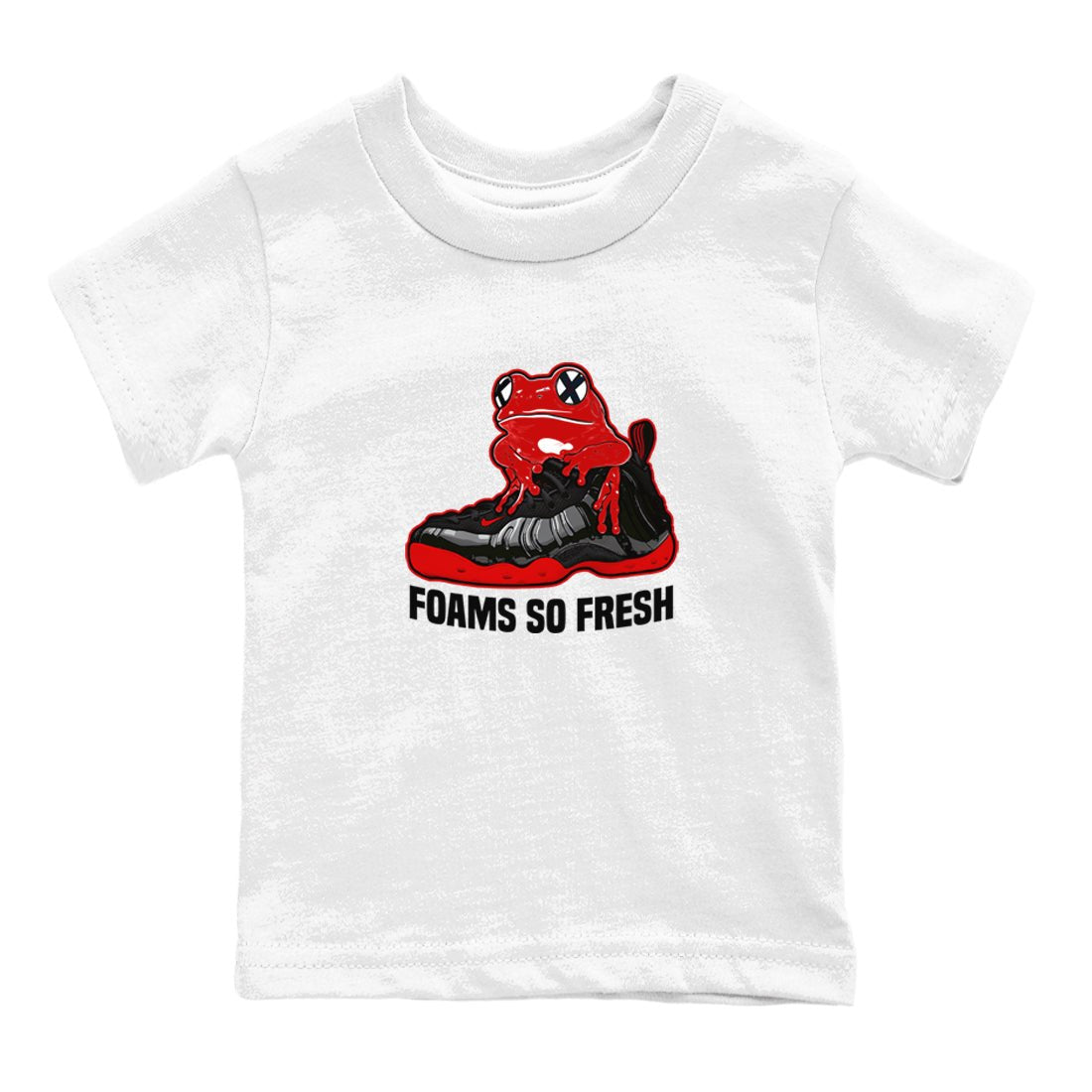 Foams So Fresh baby and kids t-shirt crafted for little sneakerheads to shine with the Air Foamposite Cough Drop sneakers, displayed in White 2.