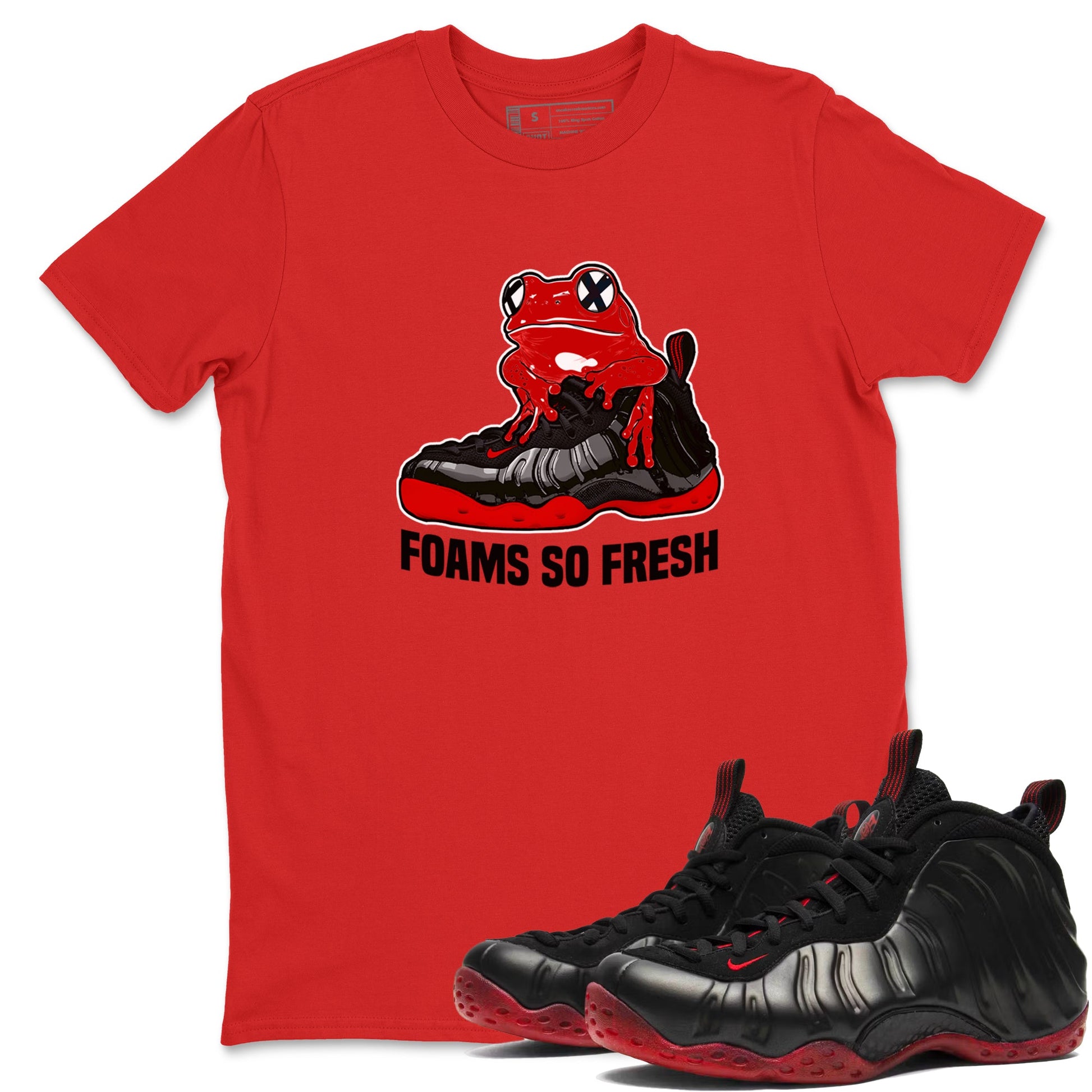 Foams So Fresh sneaker match t-shirt styled to complete your fit with the Air Foamposite Cough Drop sneakers, shown in Red 1.