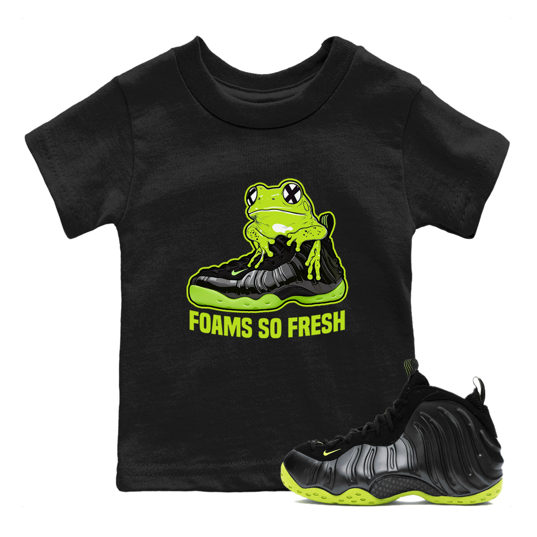 Foams One Black Volt best t shirts to wear with jordans Foams So Fresh sneaker match tees Air Foamposite One Black Volt match shoes to clothes SNRT Sneaker Tees Youth Baby Black 1 tee