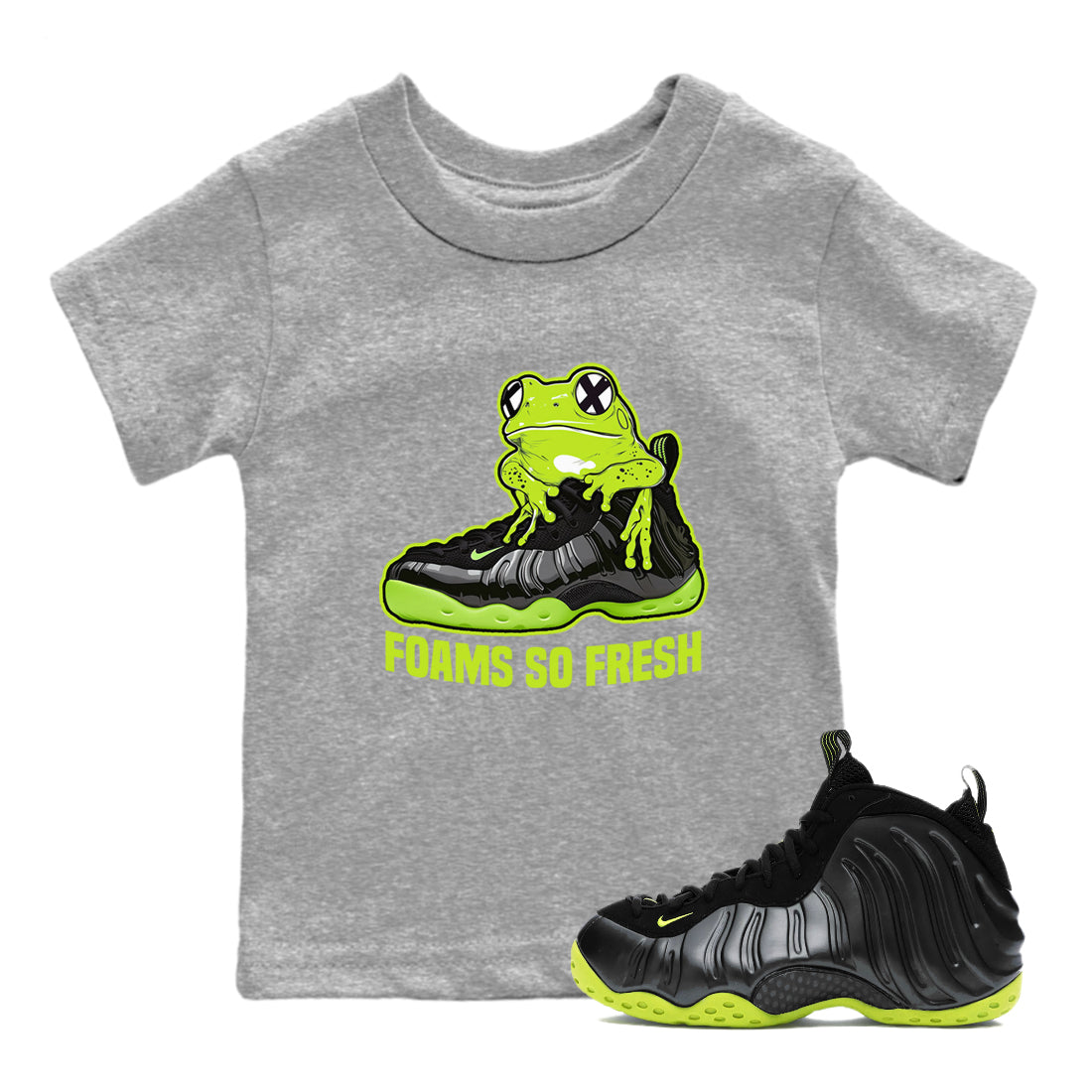 Foams One Black Volt best t shirts to wear with jordans Foams So Fresh sneaker match tees Air Foamposite One Black Volt match shoes to clothes SNRT Sneaker Tees Youth Baby Heather Grey 1 tee