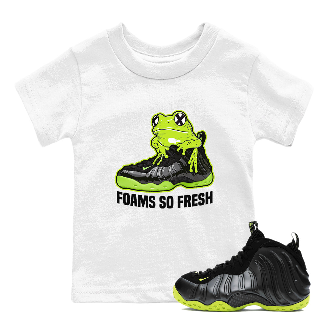 Foams One Black Volt best t shirts to wear with jordans Foams So Fresh sneaker match tees Air Foamposite One Black Volt match shoes to clothes SNRT Sneaker Tees Youth Baby White 1 tee