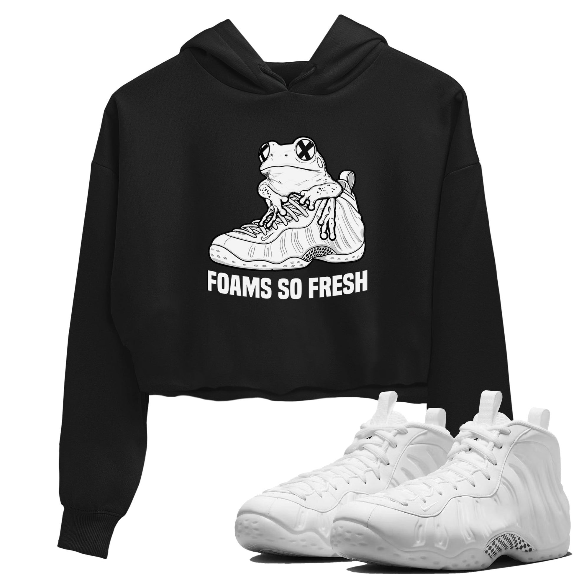 Foams So Fresh womens crop tee made to vibe with the Air Foamposite One Triple White sneakers — the perfect match in Black 1.