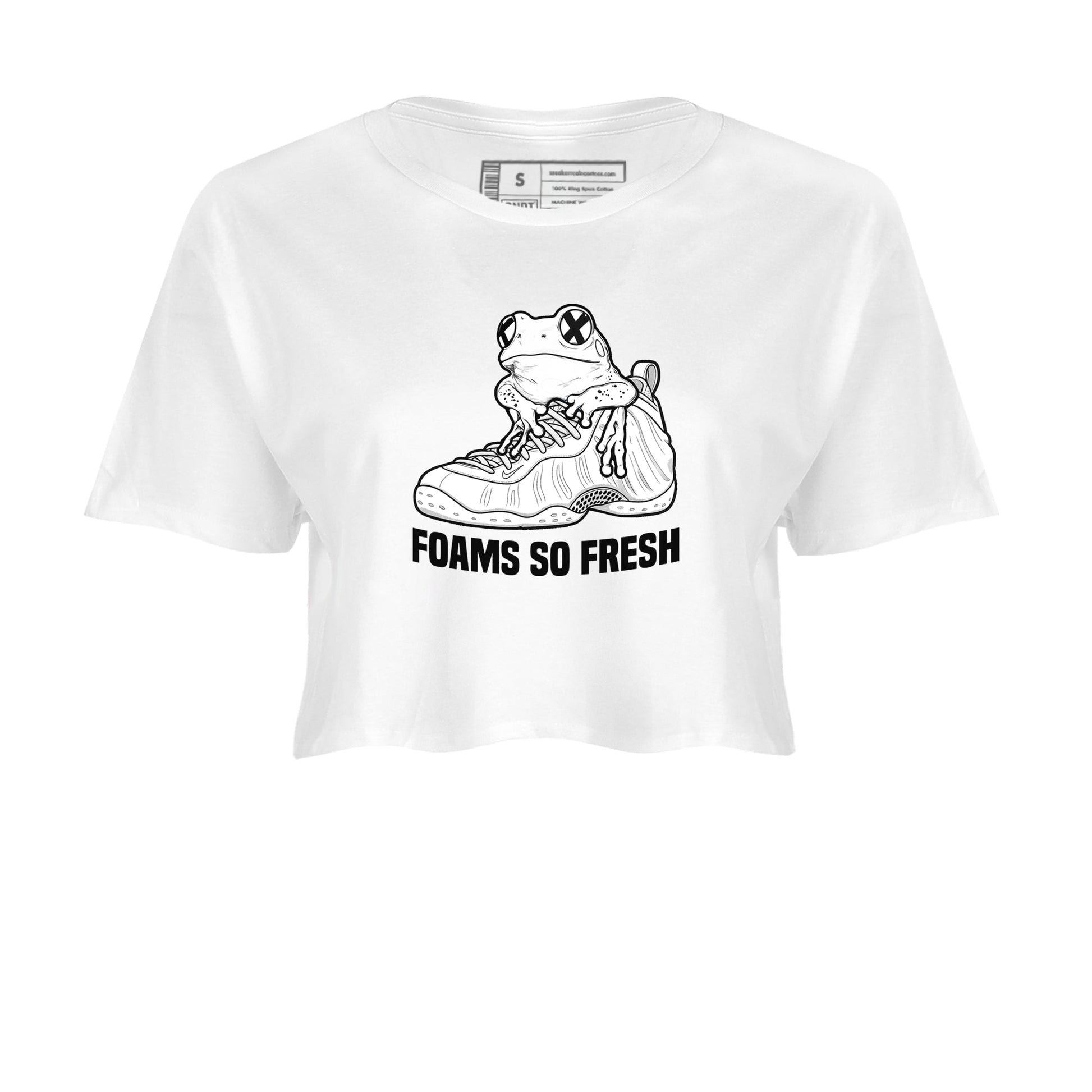 Foams So Fresh womens crop tee made to vibe with the Air Foamposite One Triple White sneakers — the perfect match in White 2.