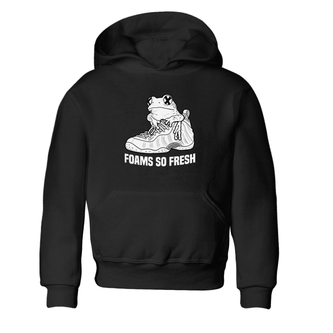 Foams So Fresh baby and kids t-shirt crafted for little sneakerheads to shine with the Air Foamposite One Triple White sneakers, displayed in Black 2.