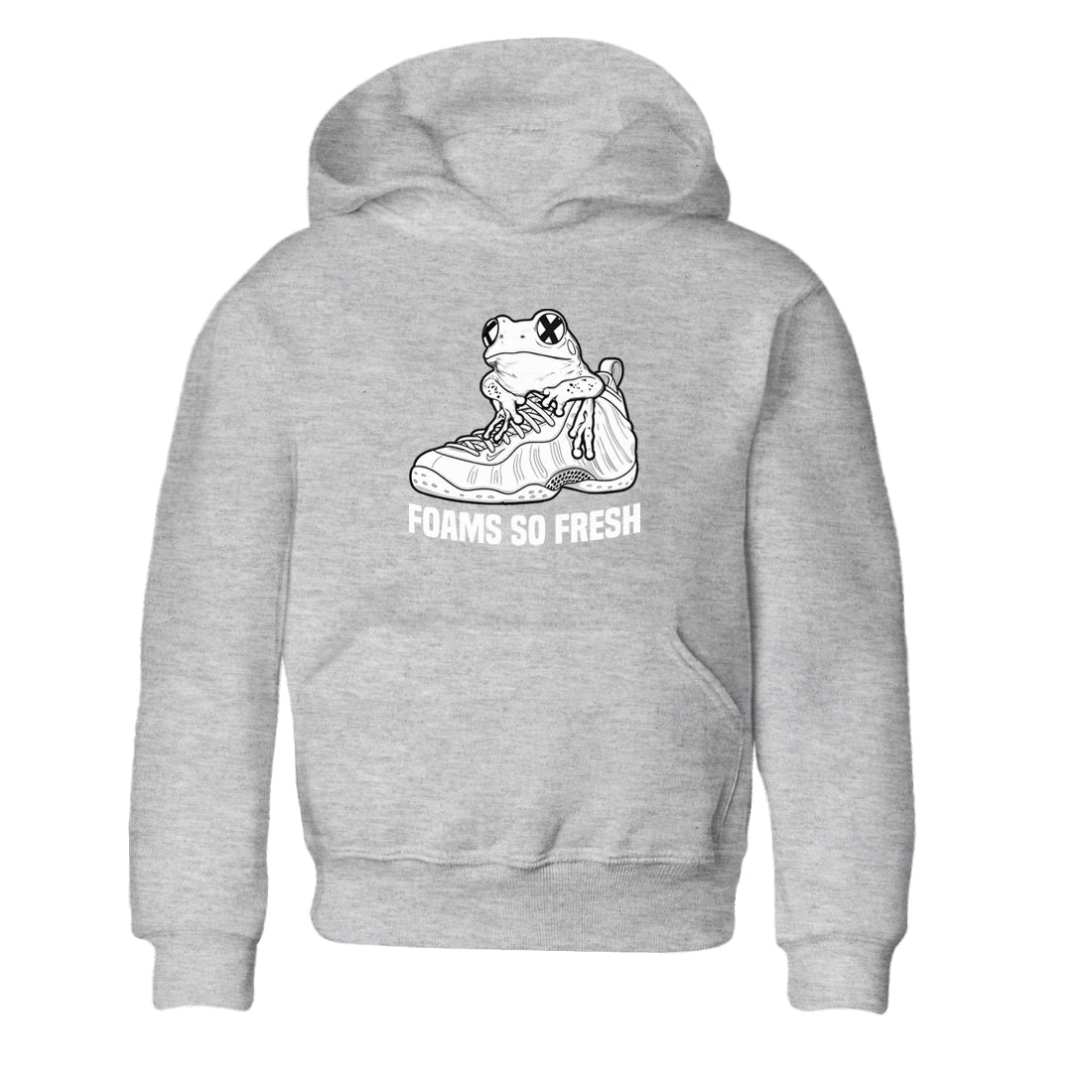 Foams So Fresh baby and kids t-shirt crafted for little sneakerheads to shine with the Air Foamposite One Triple White sneakers, displayed in Heather Grey 2.