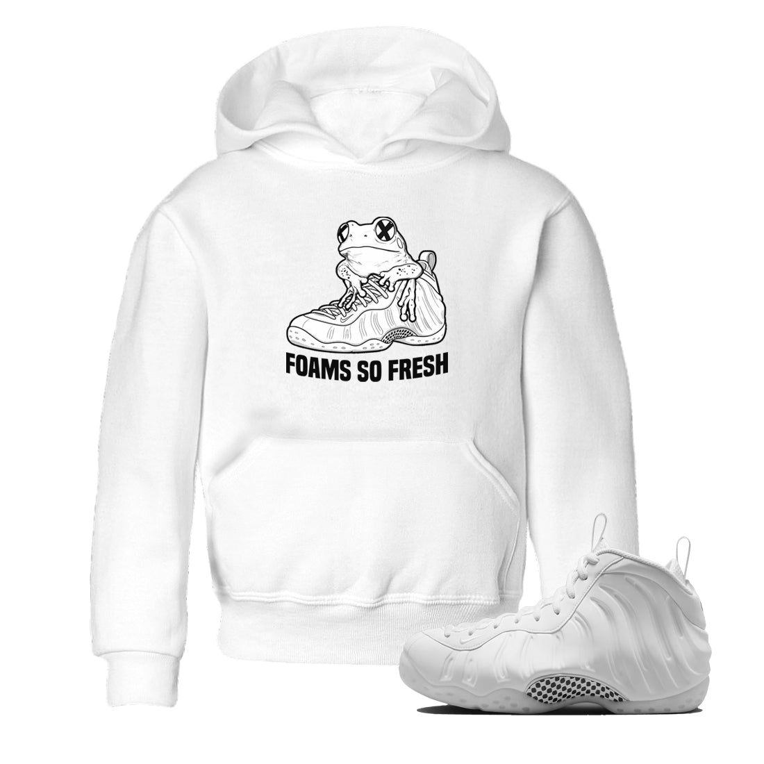 Foams So Fresh baby and kids t-shirt crafted for little sneakerheads to shine with the Air Foamposite One Triple White sneakers, displayed in White 1.