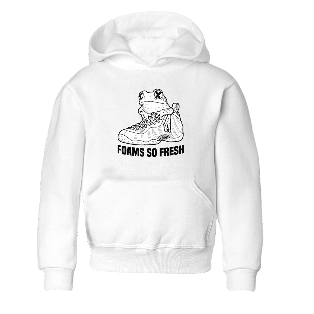 Foams So Fresh baby and kids t-shirt crafted for little sneakerheads to shine with the Air Foamposite One Triple White sneakers, displayed in White 2.